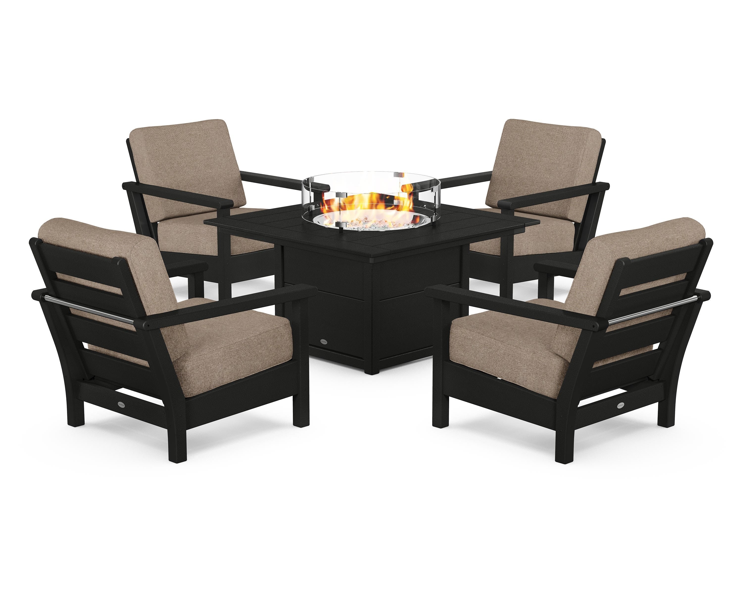 POLYWOOD Harbour 5-Piece Conversation Set with Fire Pit Table in Black / Spiced Burlap