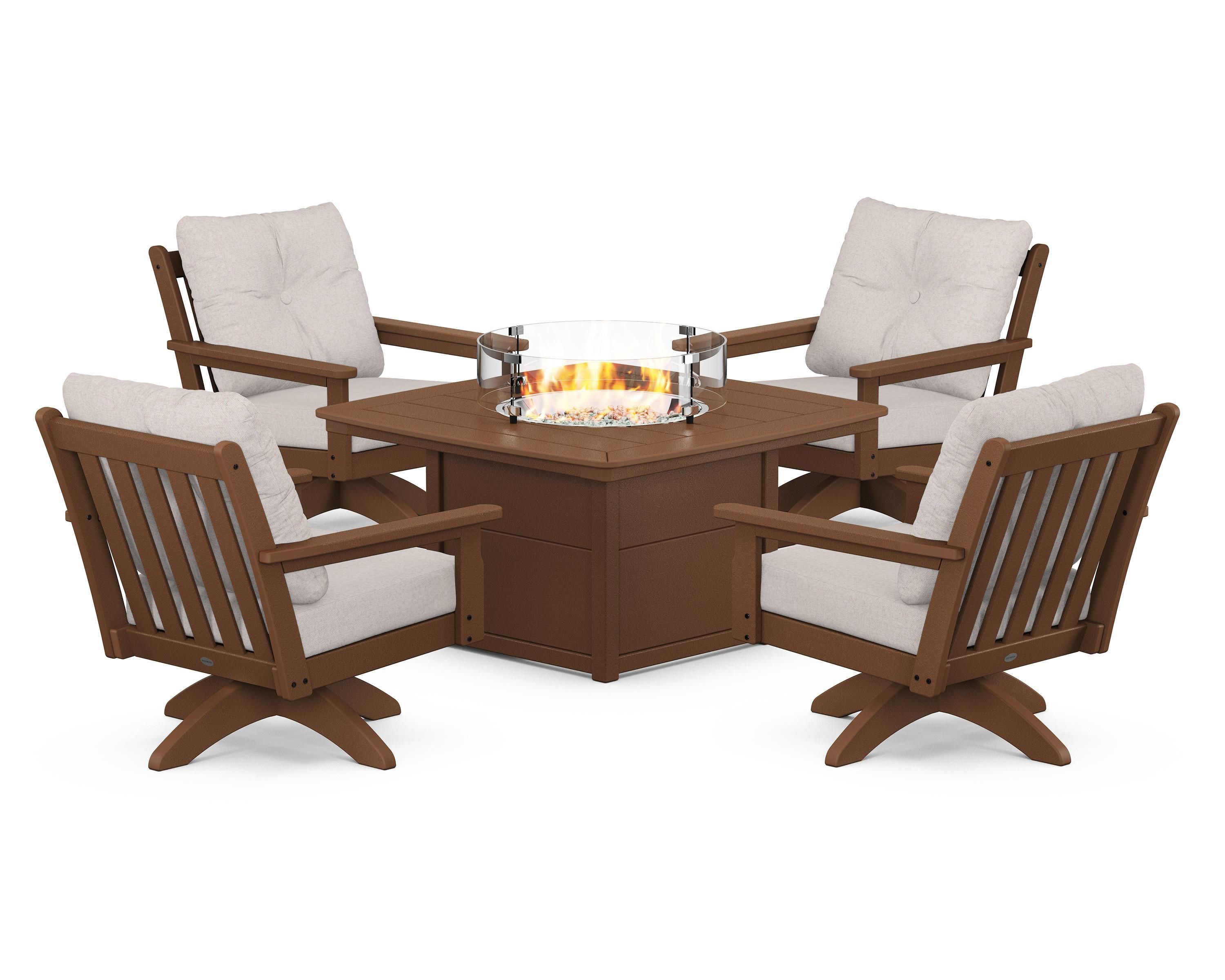 POLYWOOD Vineyard 5-Piece Deep Seating Swivel Conversation Set with Fire Pit Table in Teak / Dune Burlap