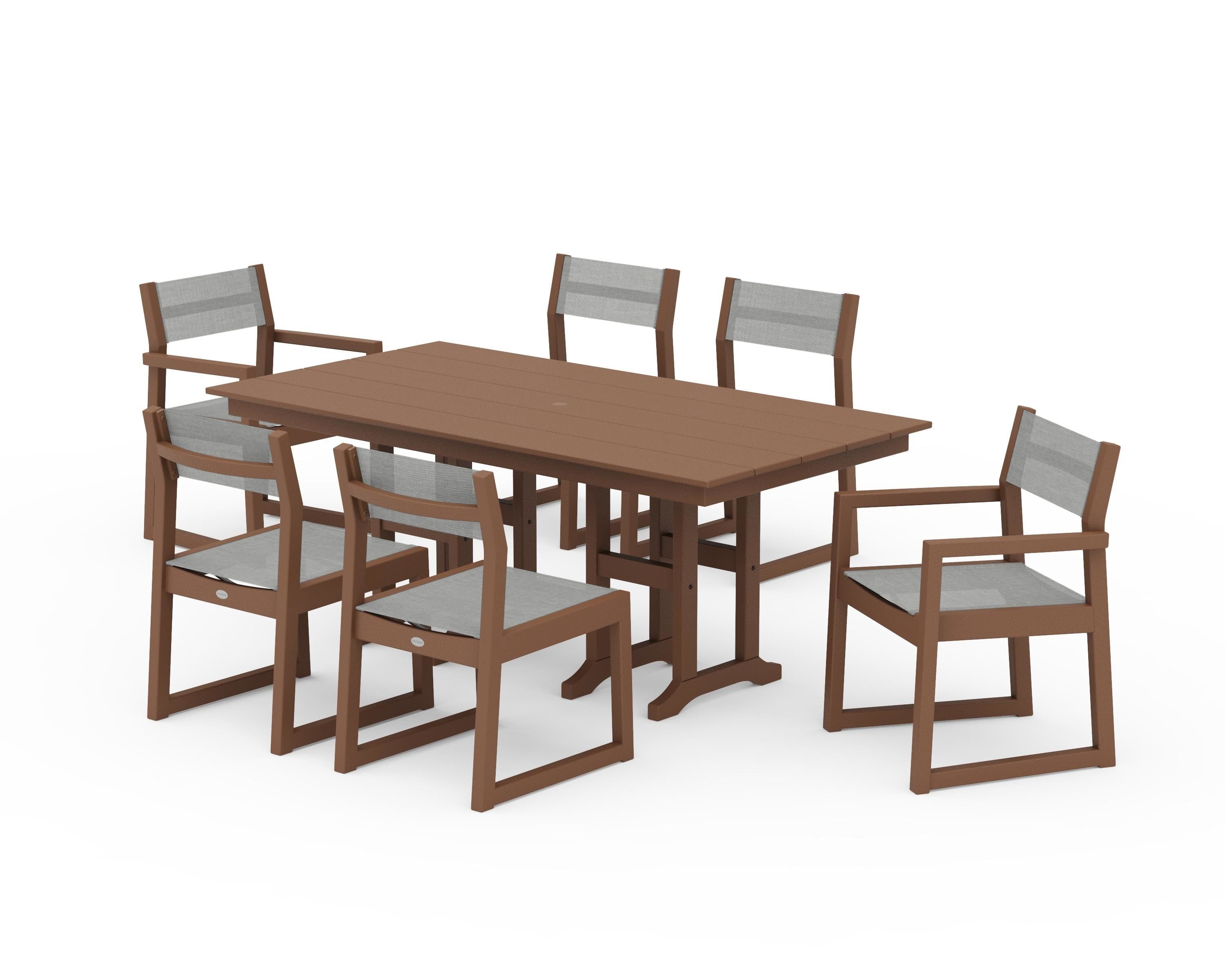 POLYWOOD EDGE Sling 7-Piece Farmhouse Dining Set in Teak / Metallic Sling