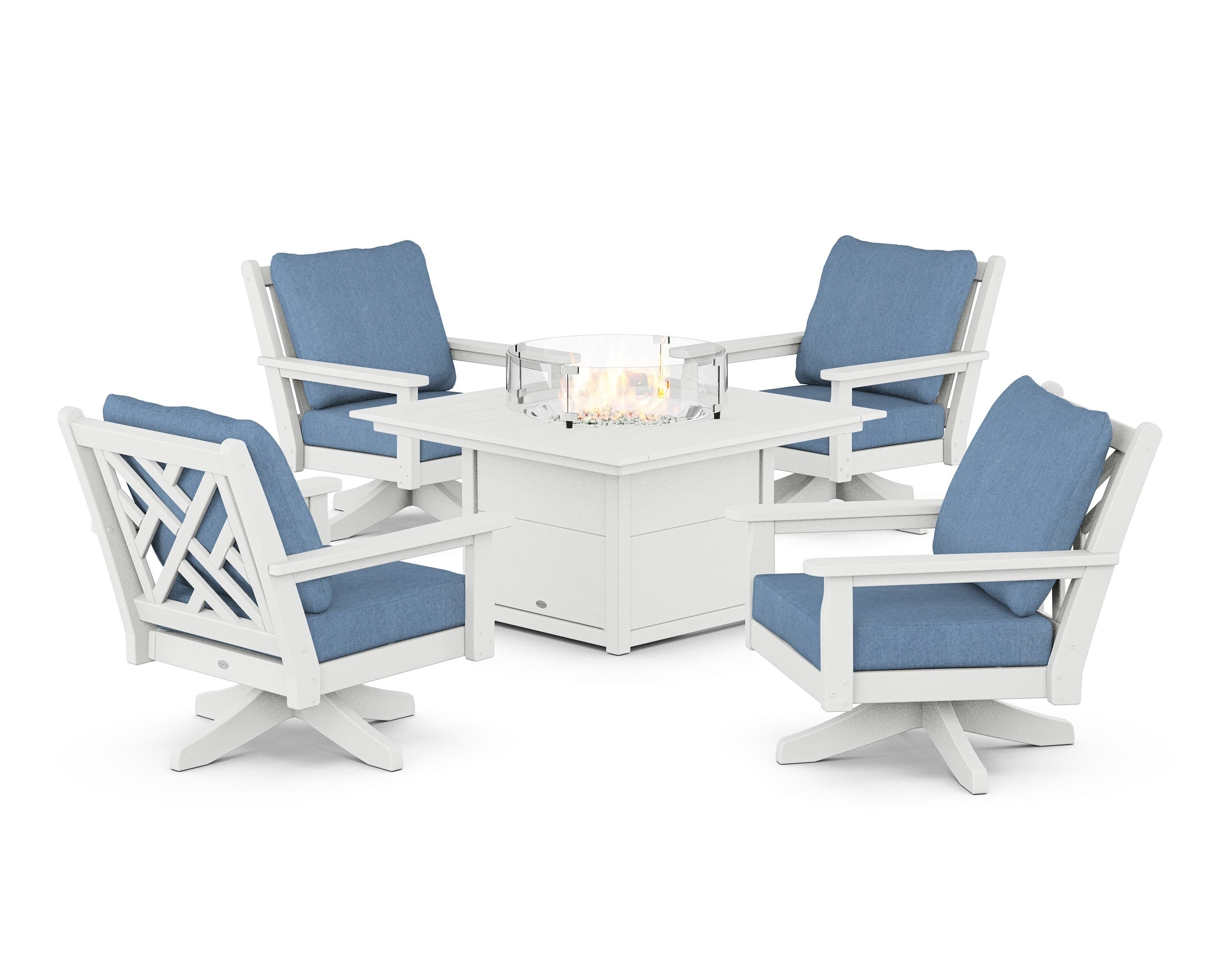 POLYWOOD Chippendale 5-Piece Deep Seating Swivel Conversation Set with Fire Pit Table in White / Sky Blue