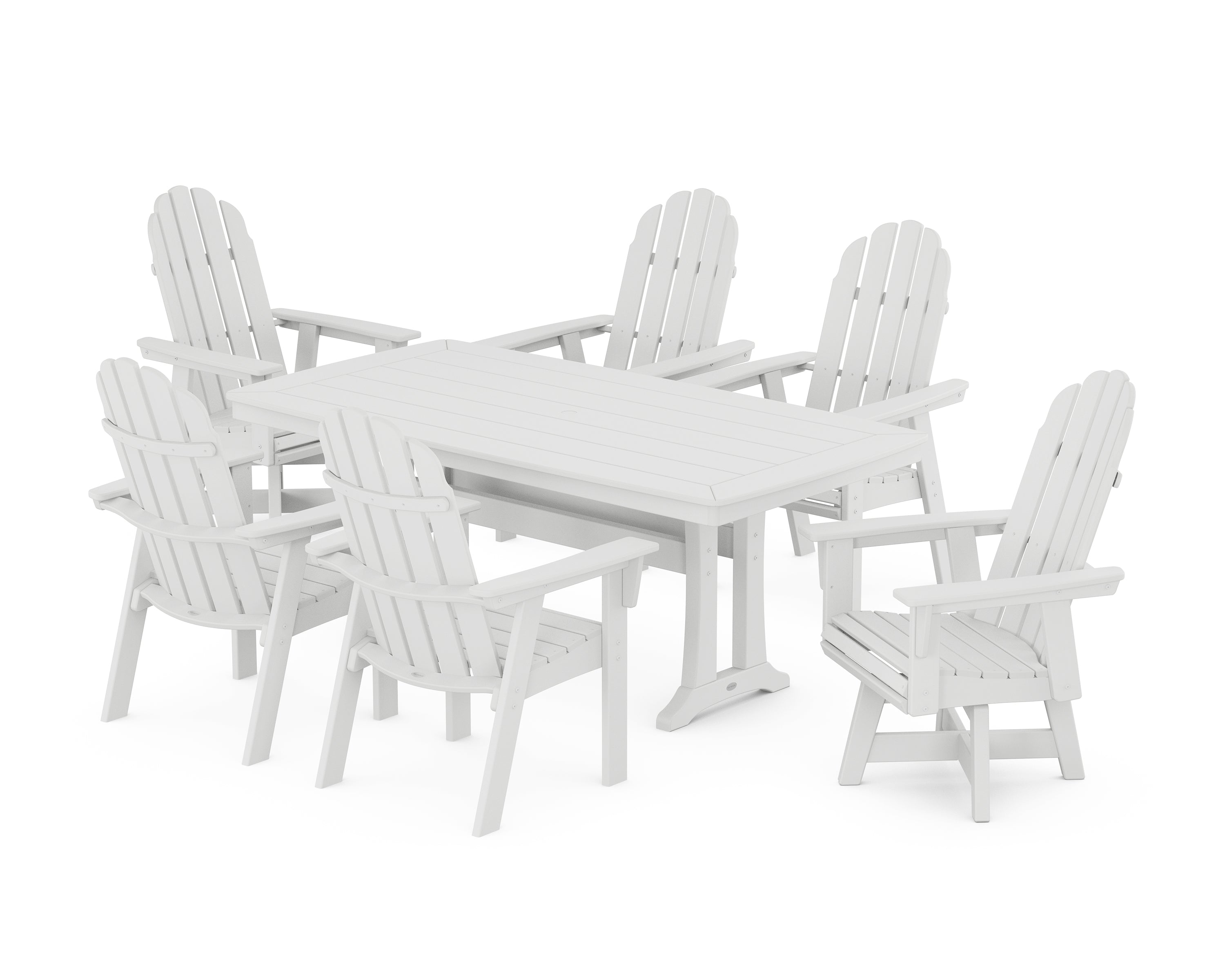 POLYWOOD Vineyard Curveback Adirondack Swivel Chair 7-Piece Dining Set with Trestle Legs in White