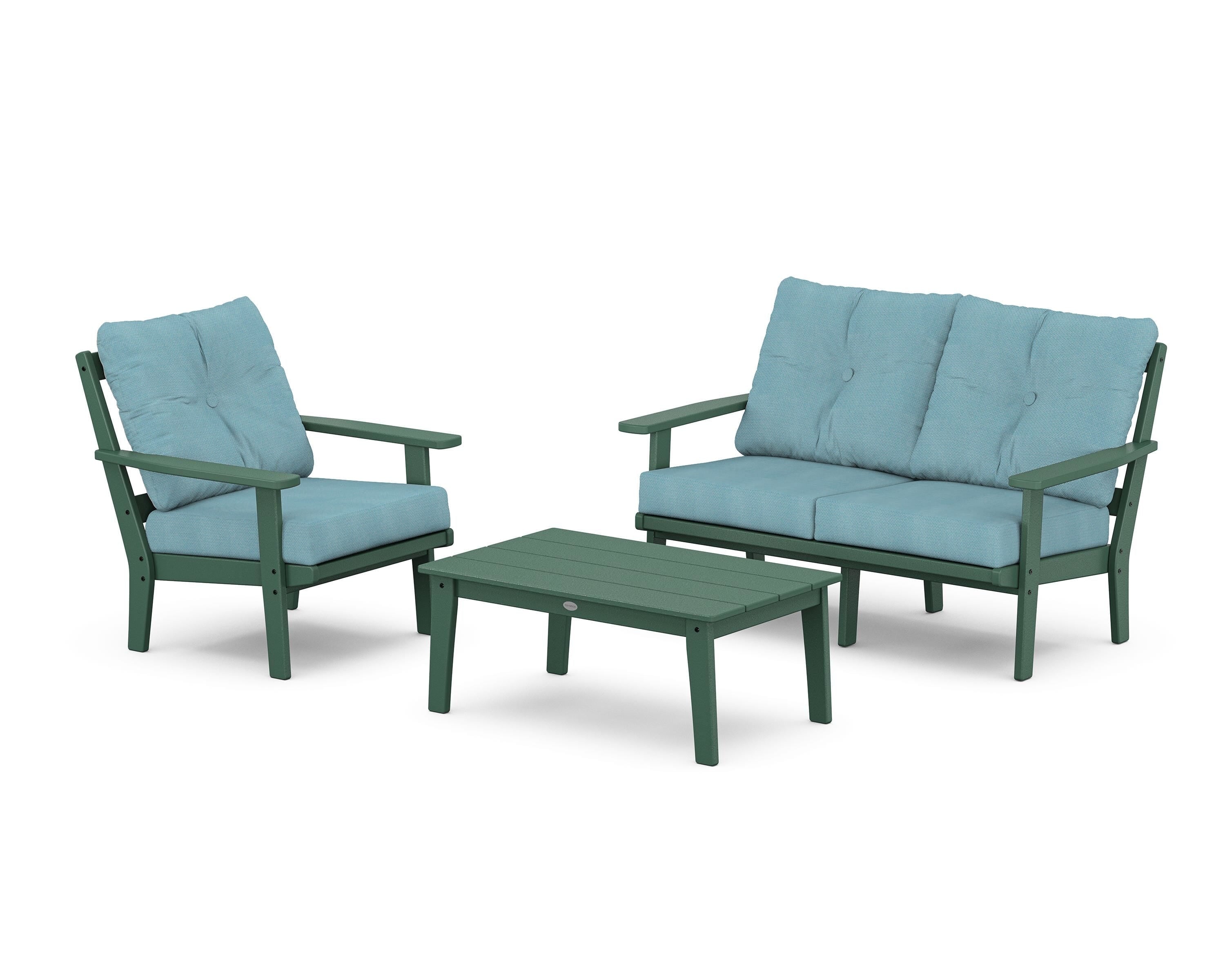 POLYWOOD Prairie 3-Piece Deep Seating Set with Loveseat in Green / Lattice Sky Blue