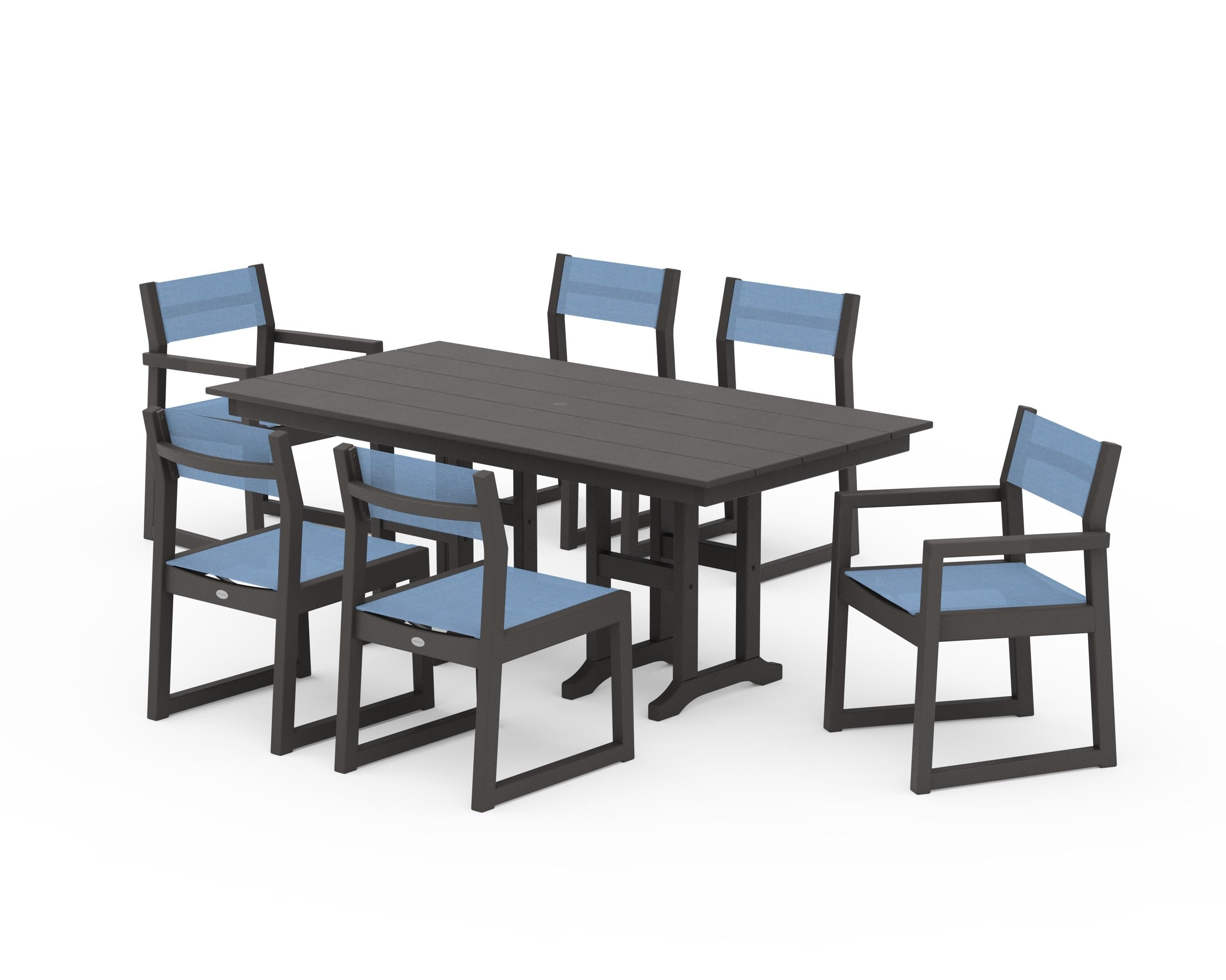 POLYWOOD EDGE Sling 7-Piece Farmhouse Dining Set in Vintage Coffee / Poolside Sling