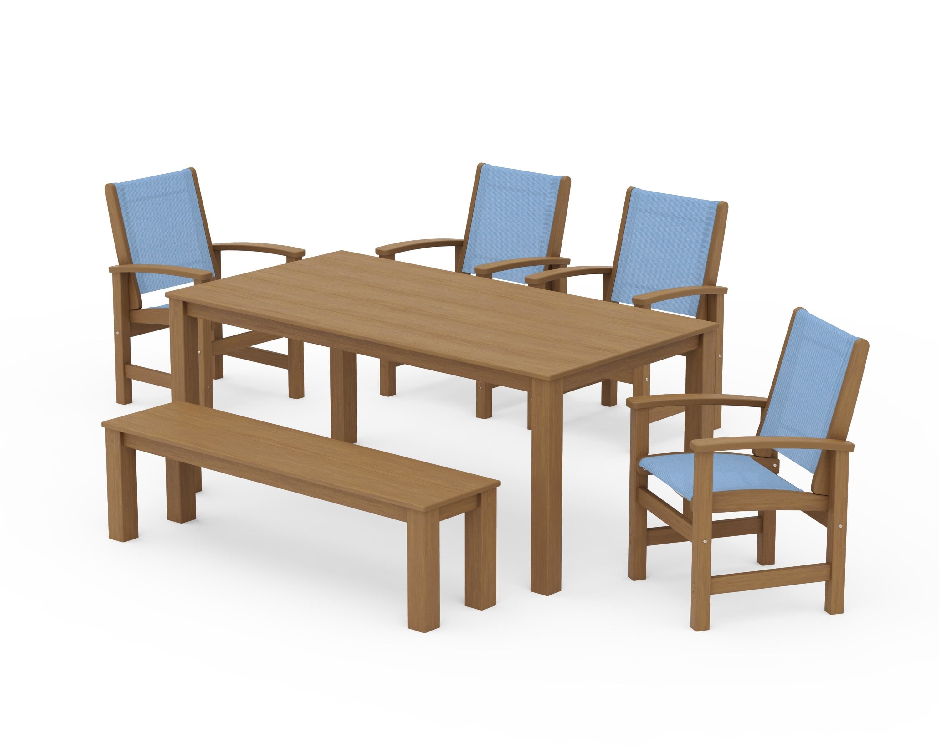 POLYWOOD Coastal 6-Piece Parsons Dining Set with Bench in Natural / Poolside Sling