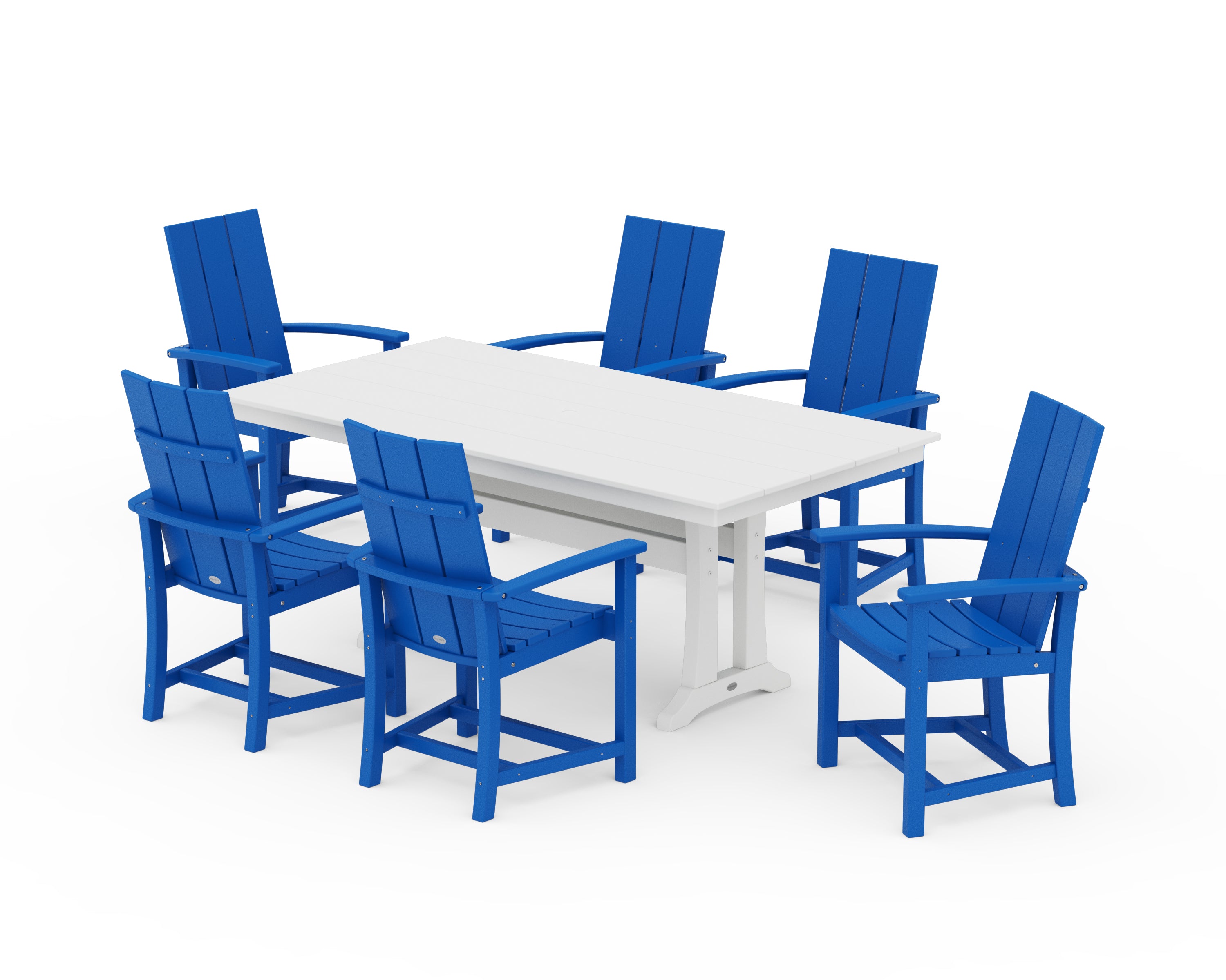 POLYWOOD Modern Adirondack 7-Piece Farmhouse Dining Set with Trestle Legs in Pacific Blue / White