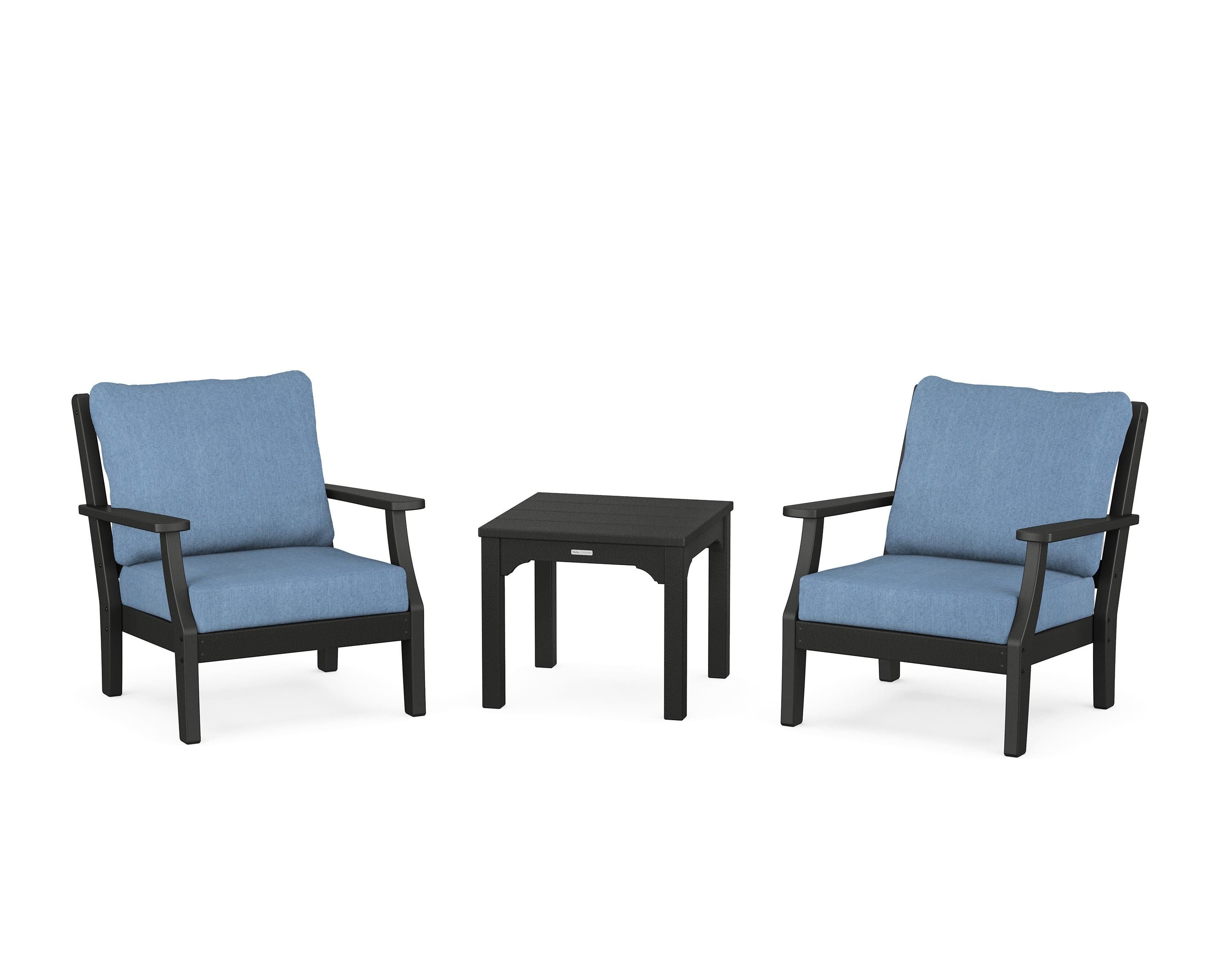 Martha Stewart by POLYWOOD Chinoiserie 3-Piece Deep Seating Set in Black / Sky Blue