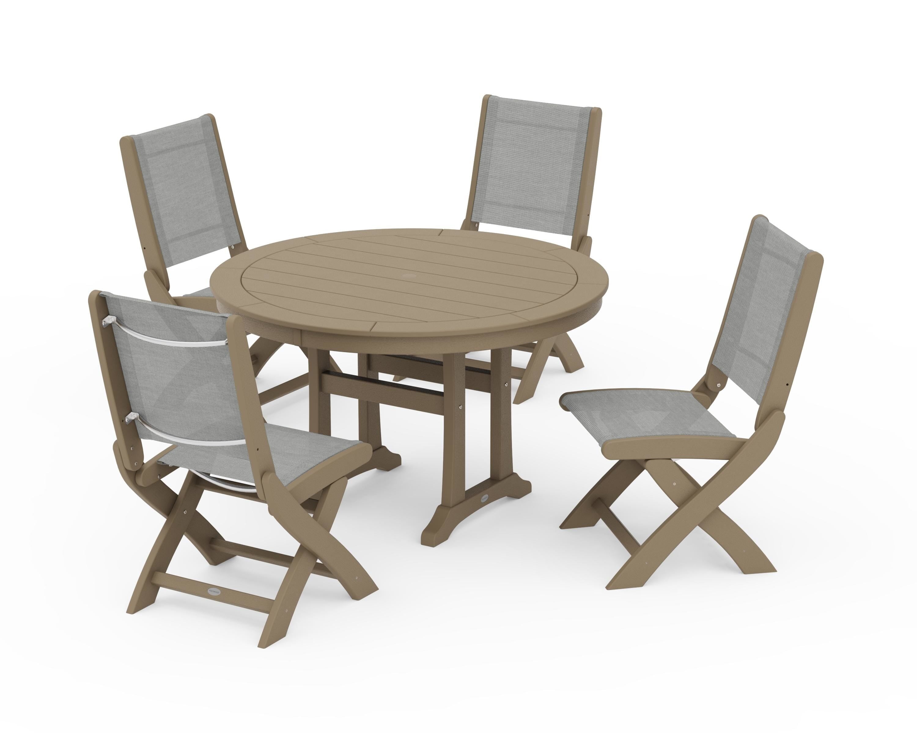 POLYWOOD Coastal Folding Side Chair 5-Piece Round Dining Set With Trestle Legs in Vintage Sahara / Metallic Sling