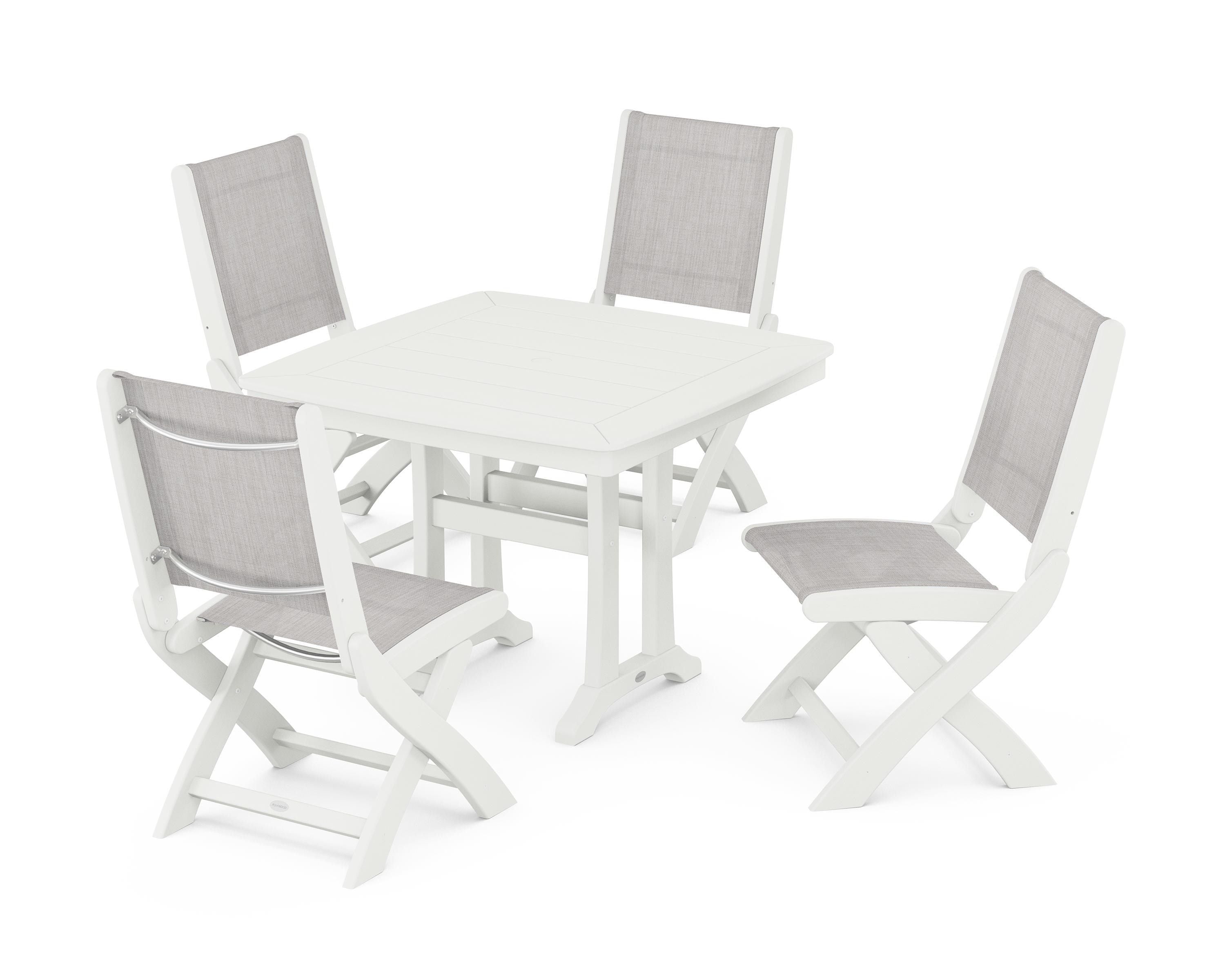 POLYWOOD Coastal Folding Side Chair 5-Piece Dining Set with Trestle Legs in Vintage White / Parchment Sling