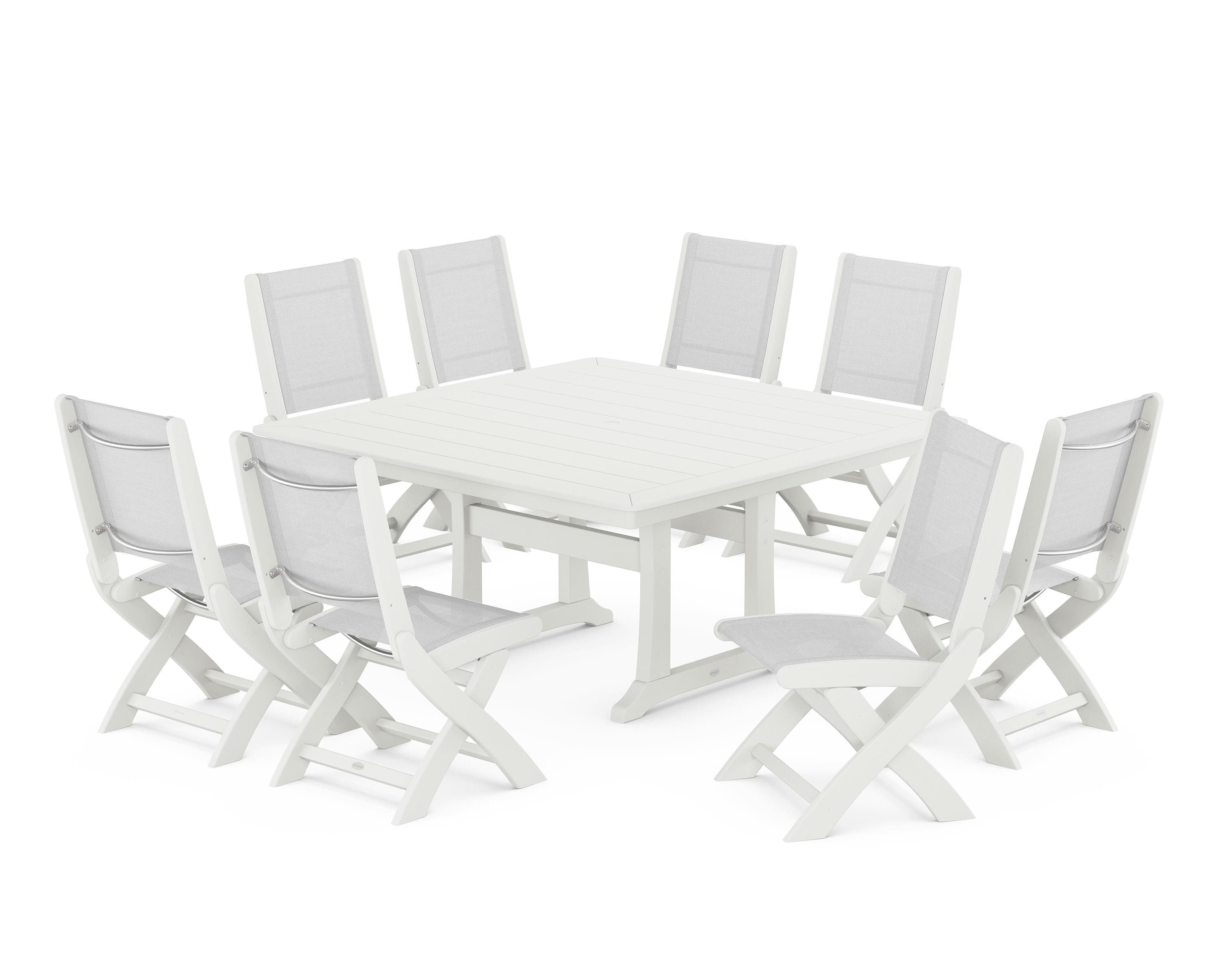 POLYWOOD Coastal Folding Side Chair 9-Piece Dining Set with Trestle Legs in Vintage White / White Sling
