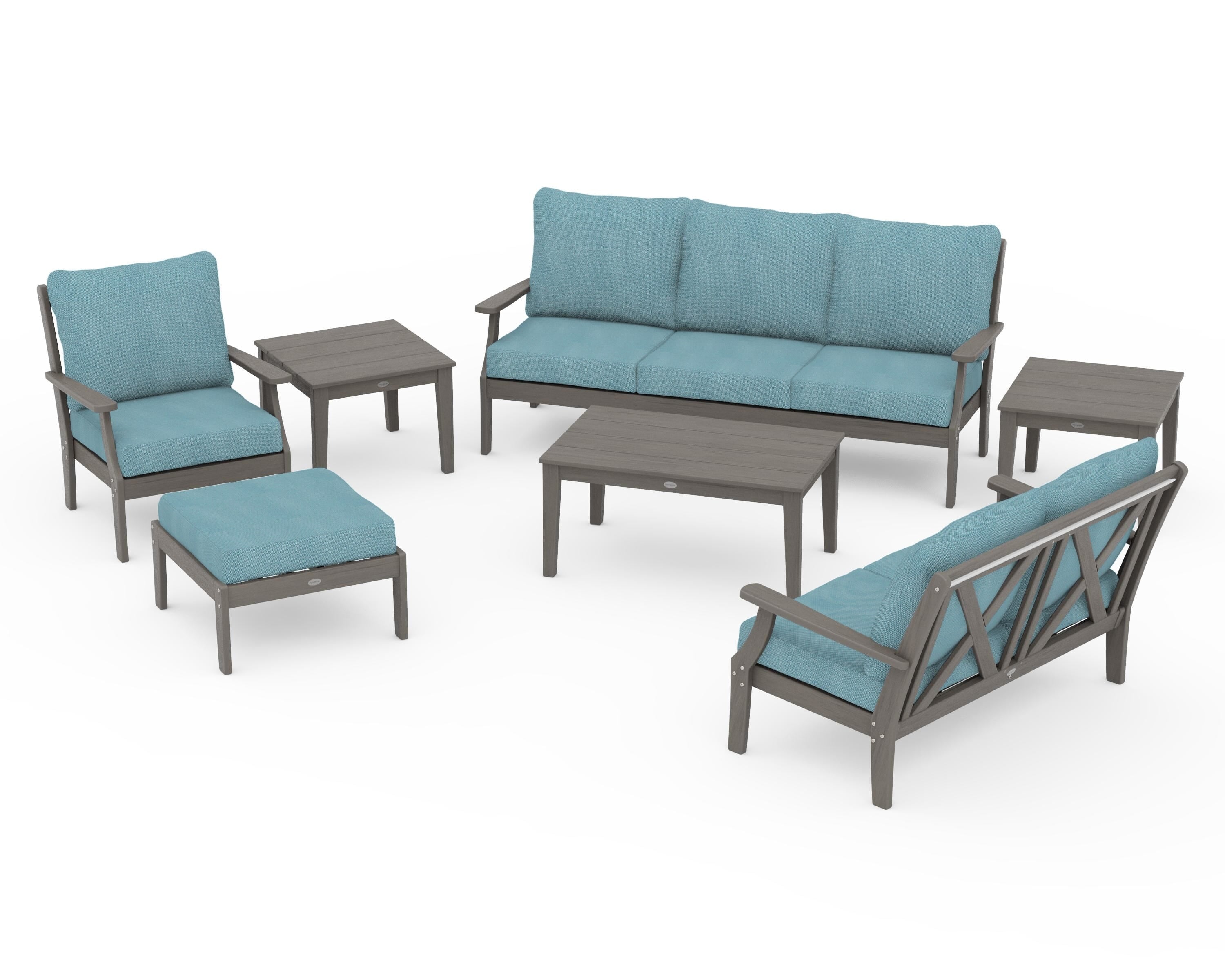 POLYWOOD Braxton 7-Piece Deep Seating Set in Driftwood / Lattice Sky Blue