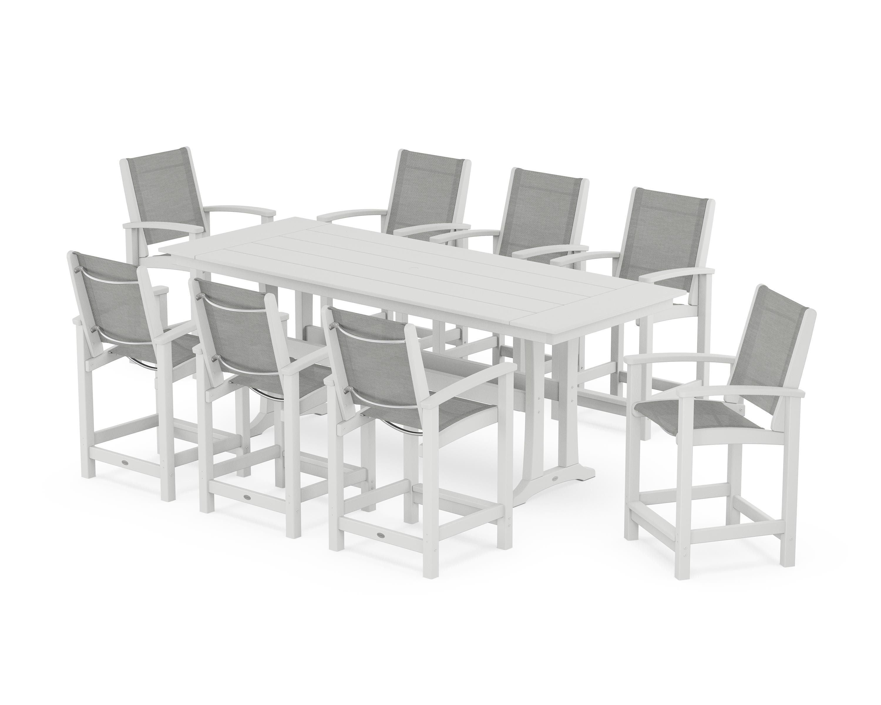POLYWOOD Coastal 9-Piece Farmhouse Counter Set with Trestle Legs in White / Metallic Sling