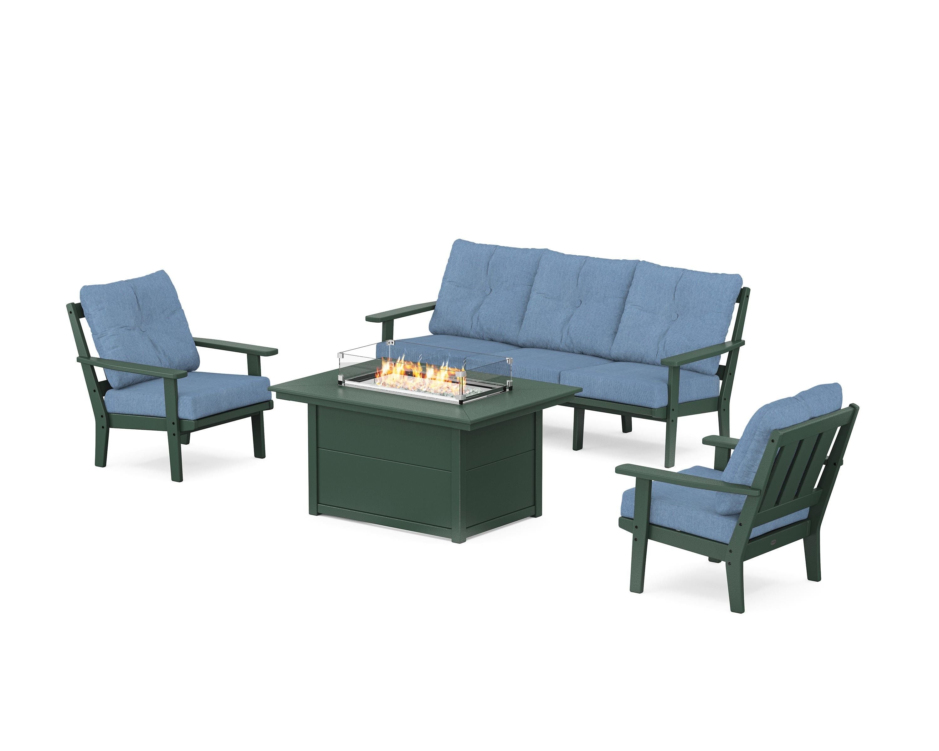 POLYWOOD Oxford Deep Seating Fire Pit Table Set in Green / Sky Blue