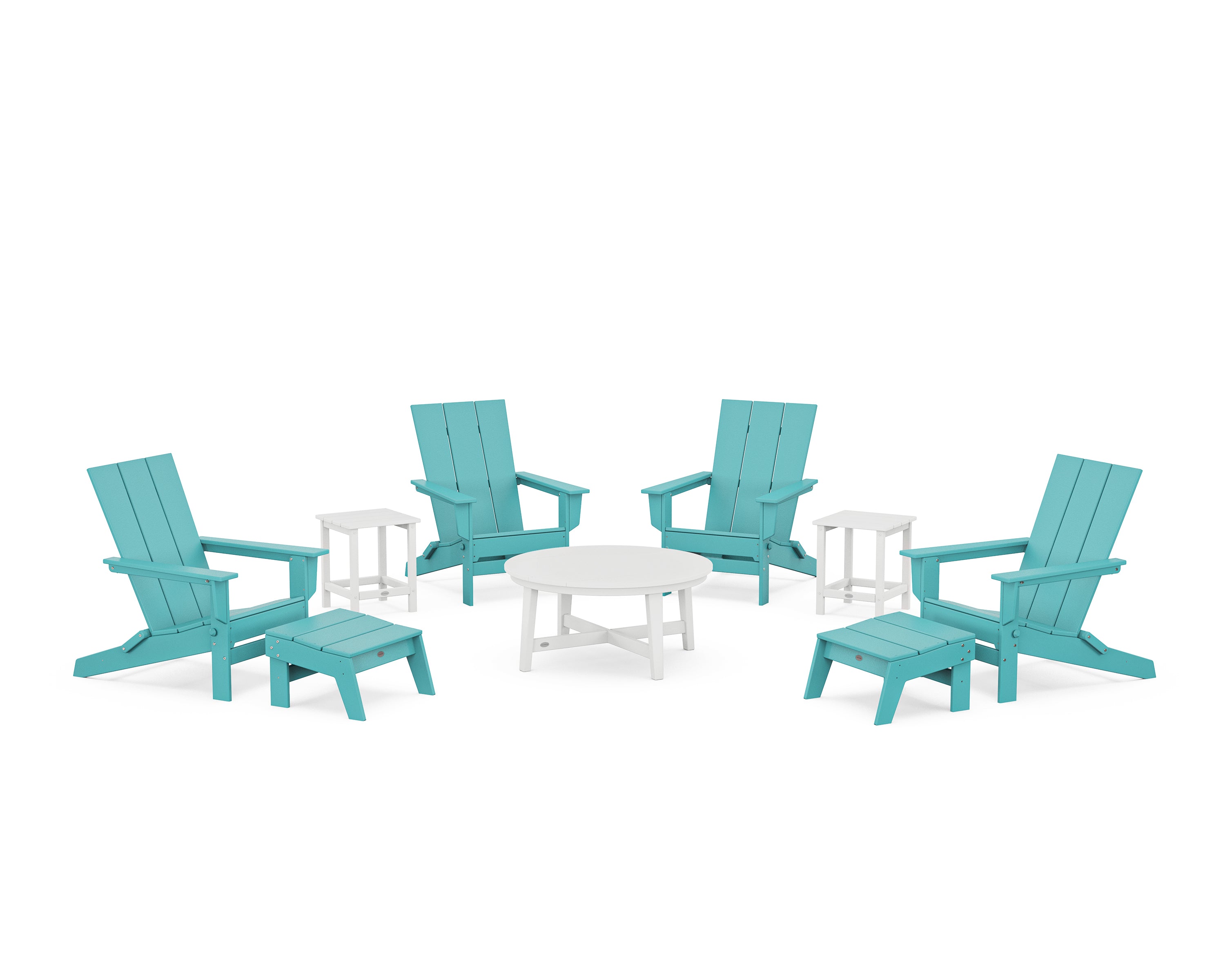 POLYWOOD® Modern Studio Folding Adirondack 9-Piece Conversation Set in Aruba / White