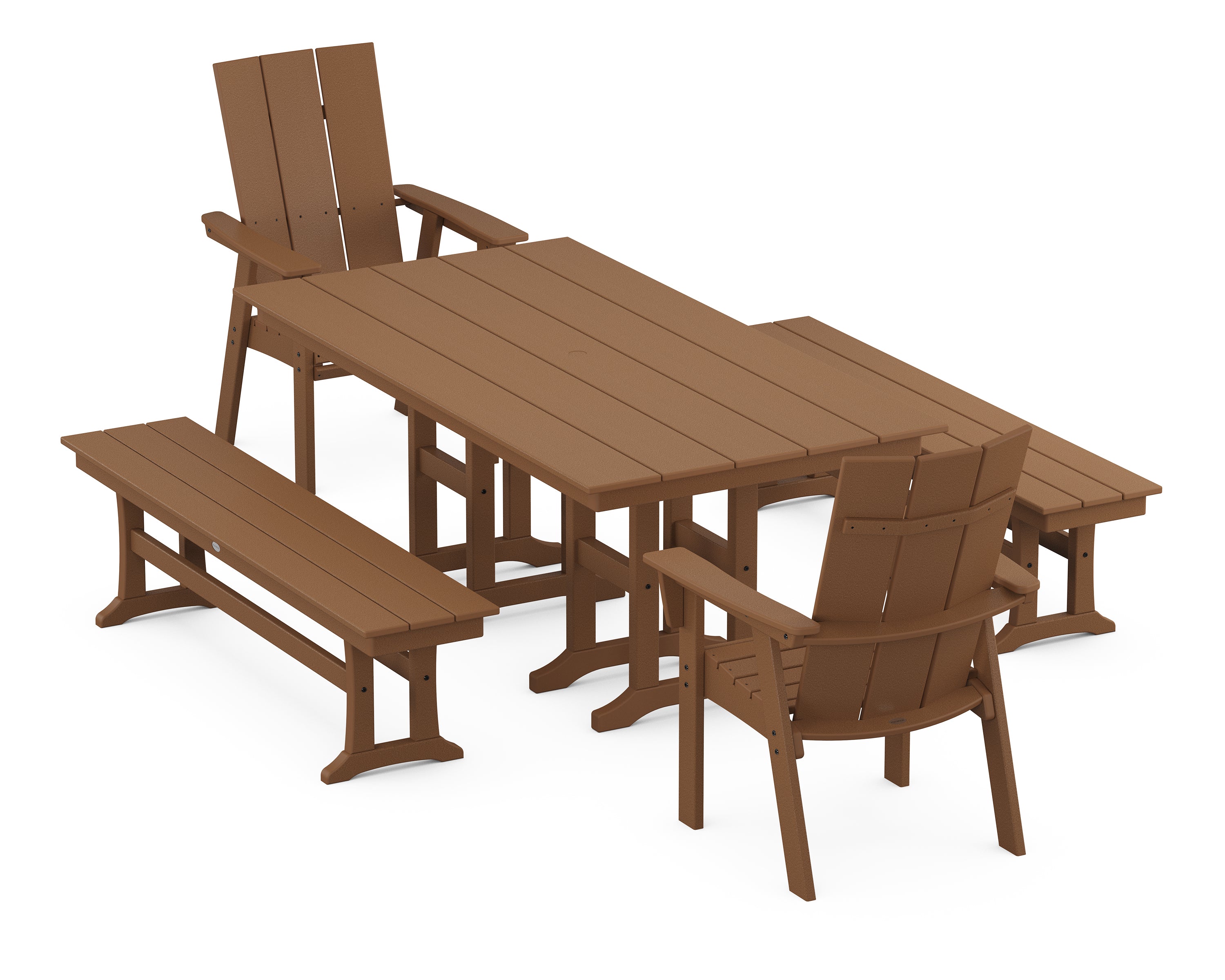 POLYWOOD® Modern Curveback Adirondack 5-Piece Farmhouse Dining Set with Benches in Teak