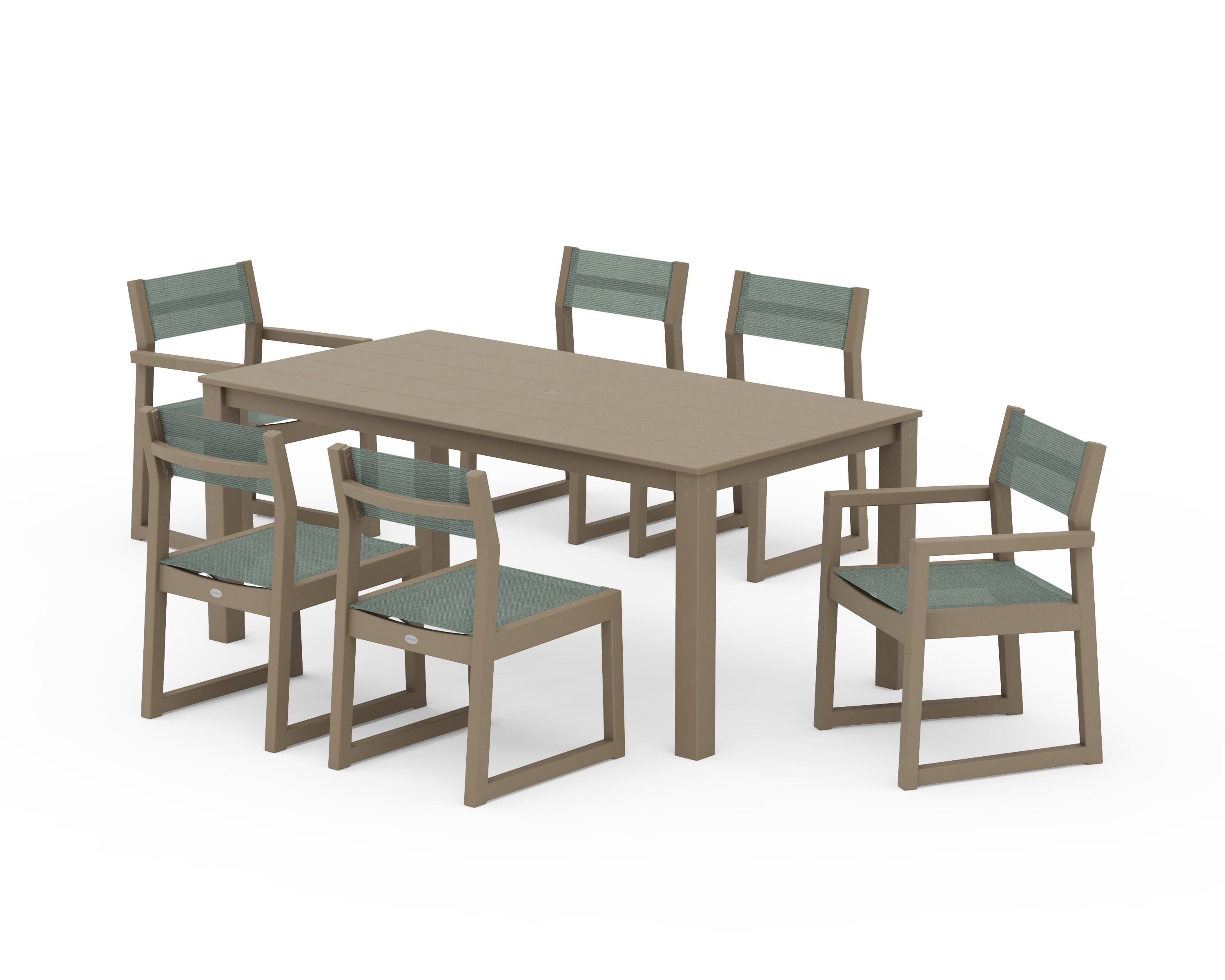 POLYWOOD EDGE Sling 7-Piece Parsons Dining Set in Vintage Sahara / Dupioni Sea Mist Sling
