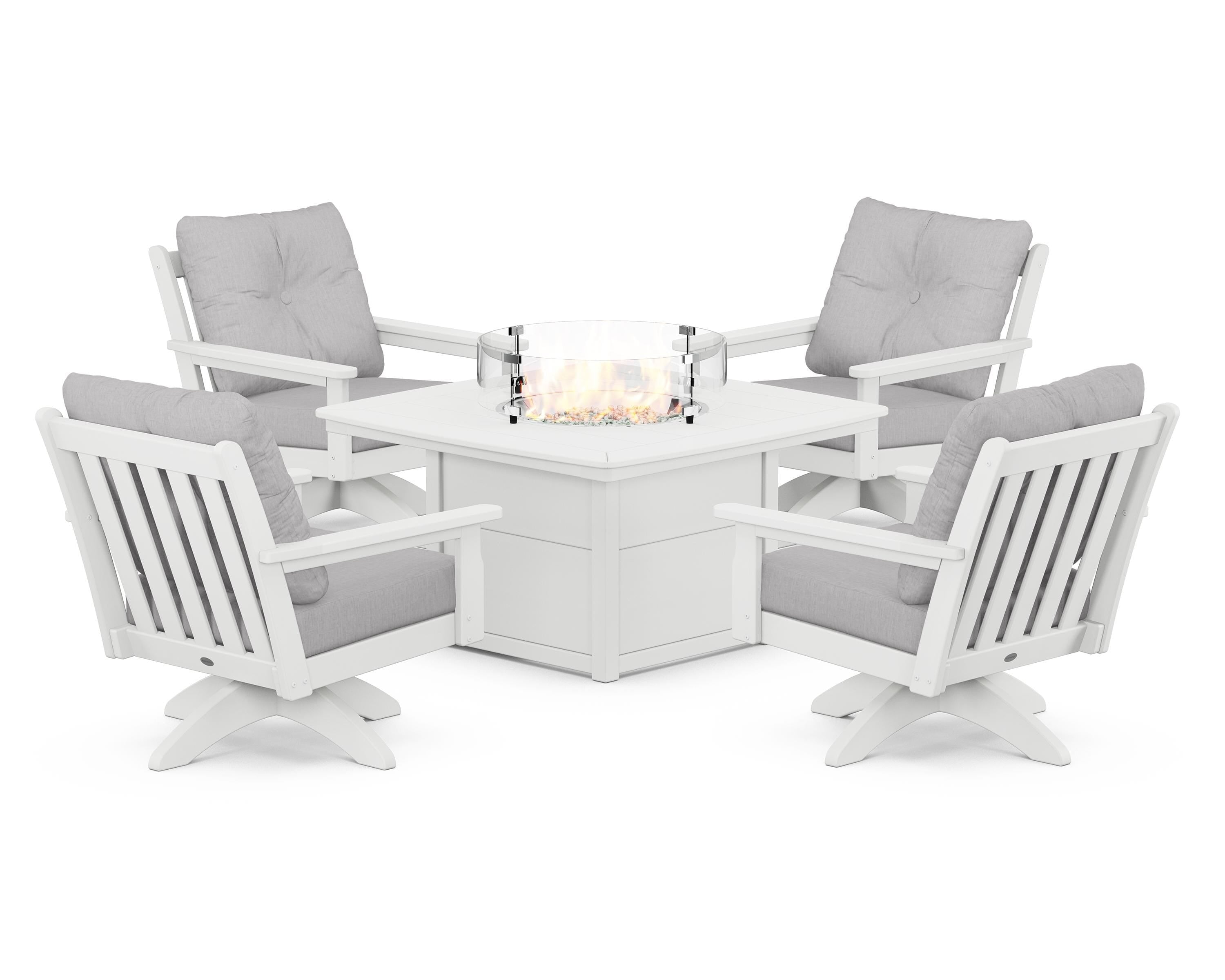 POLYWOOD Vineyard 5-Piece Deep Seating Swivel Conversation Set with Fire Pit Table in White / Granite