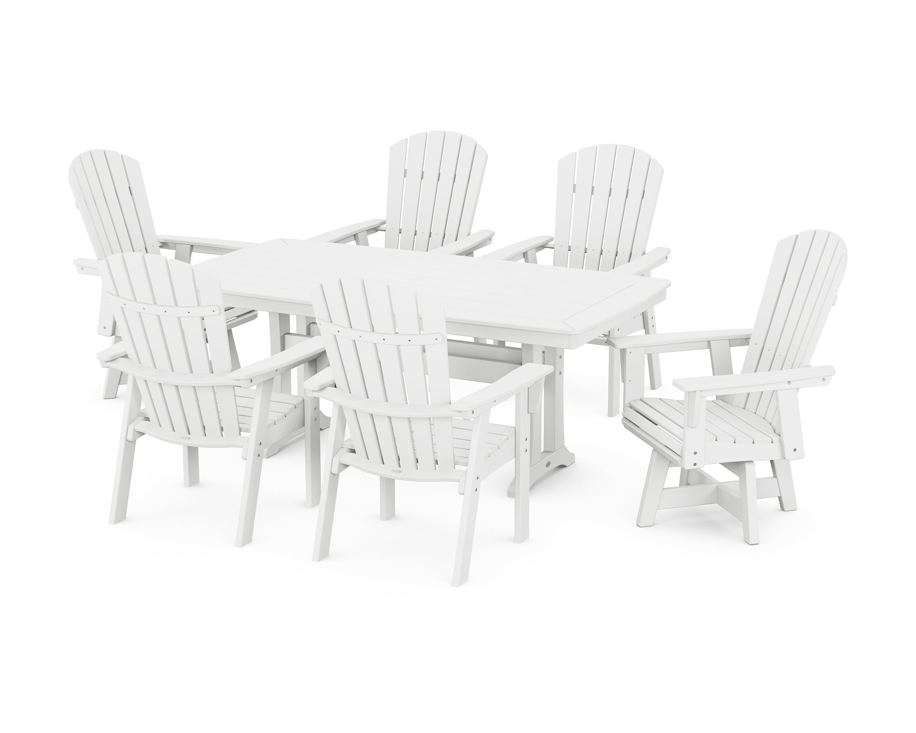 POLYWOOD Nautical Curveback Adirondack Swivel Chair 7-Piece Dining Set with Trestle Legs in White