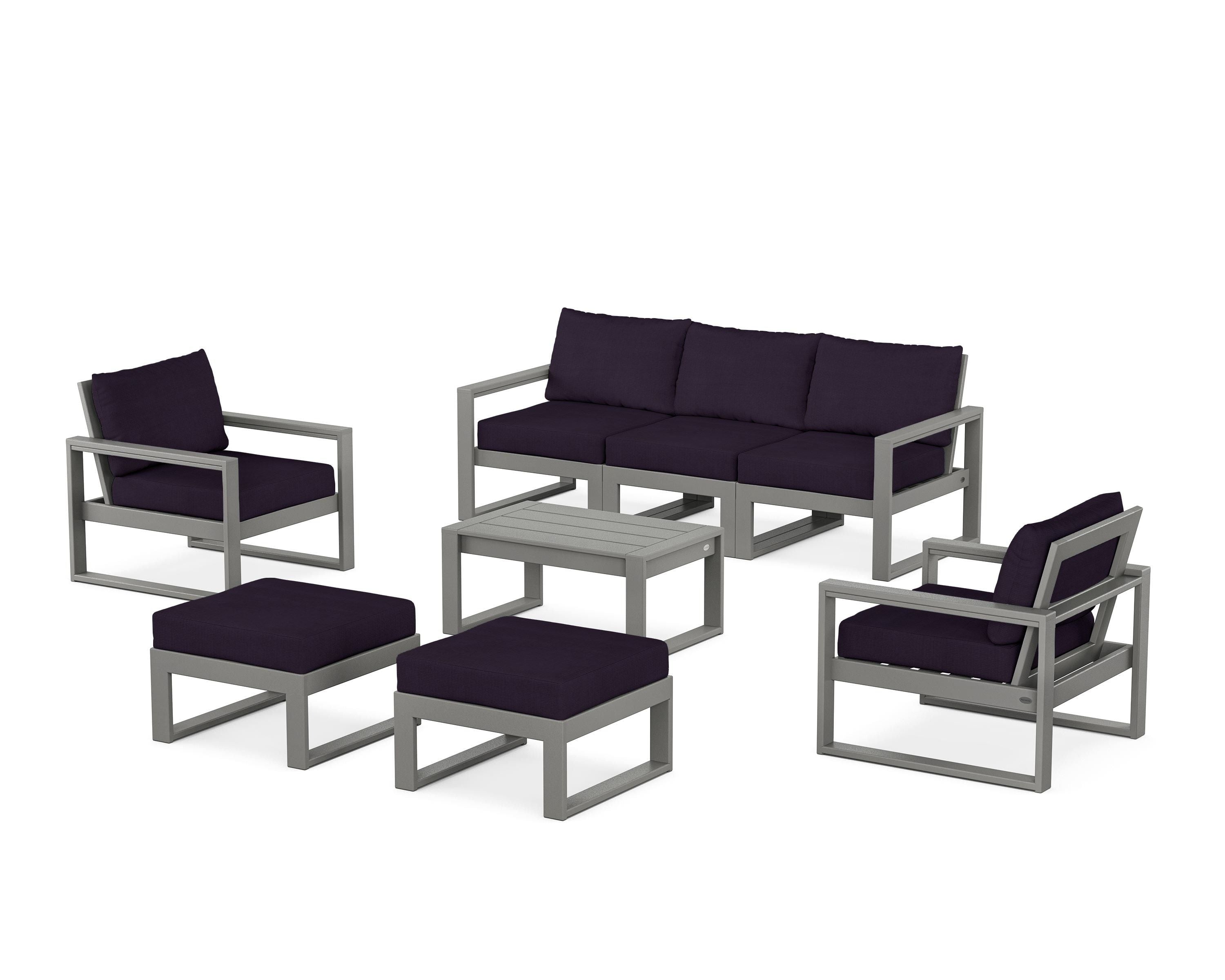 POLYWOOD EDGE Sectional 8-Piece Lounge Sofa Set in Slate Grey / Navy Linen