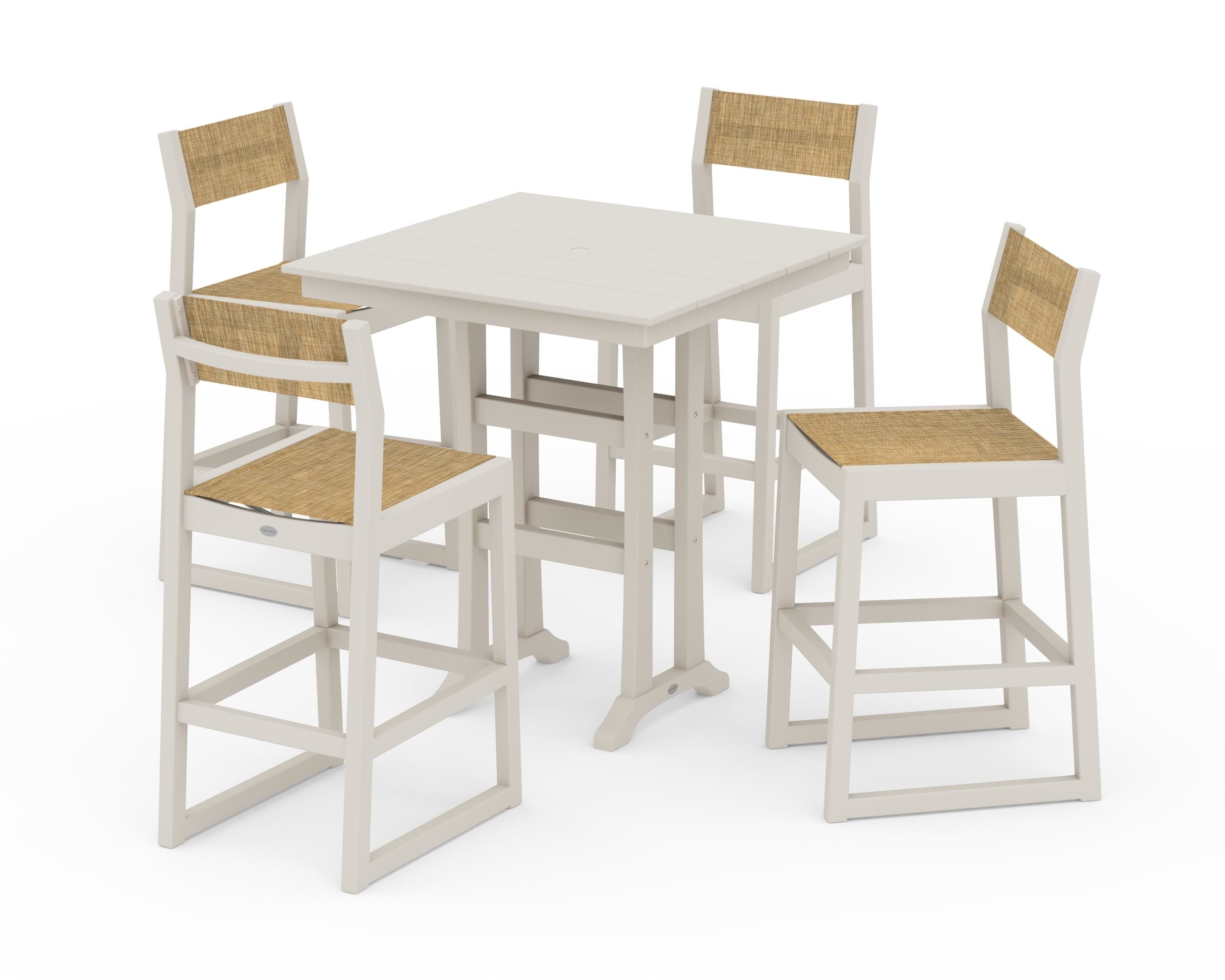 POLYWOOD EDGE Sling Arm Chair 5-Piece Farmhouse Bar Set with Trestle Legs in Sand / Burlap Sling