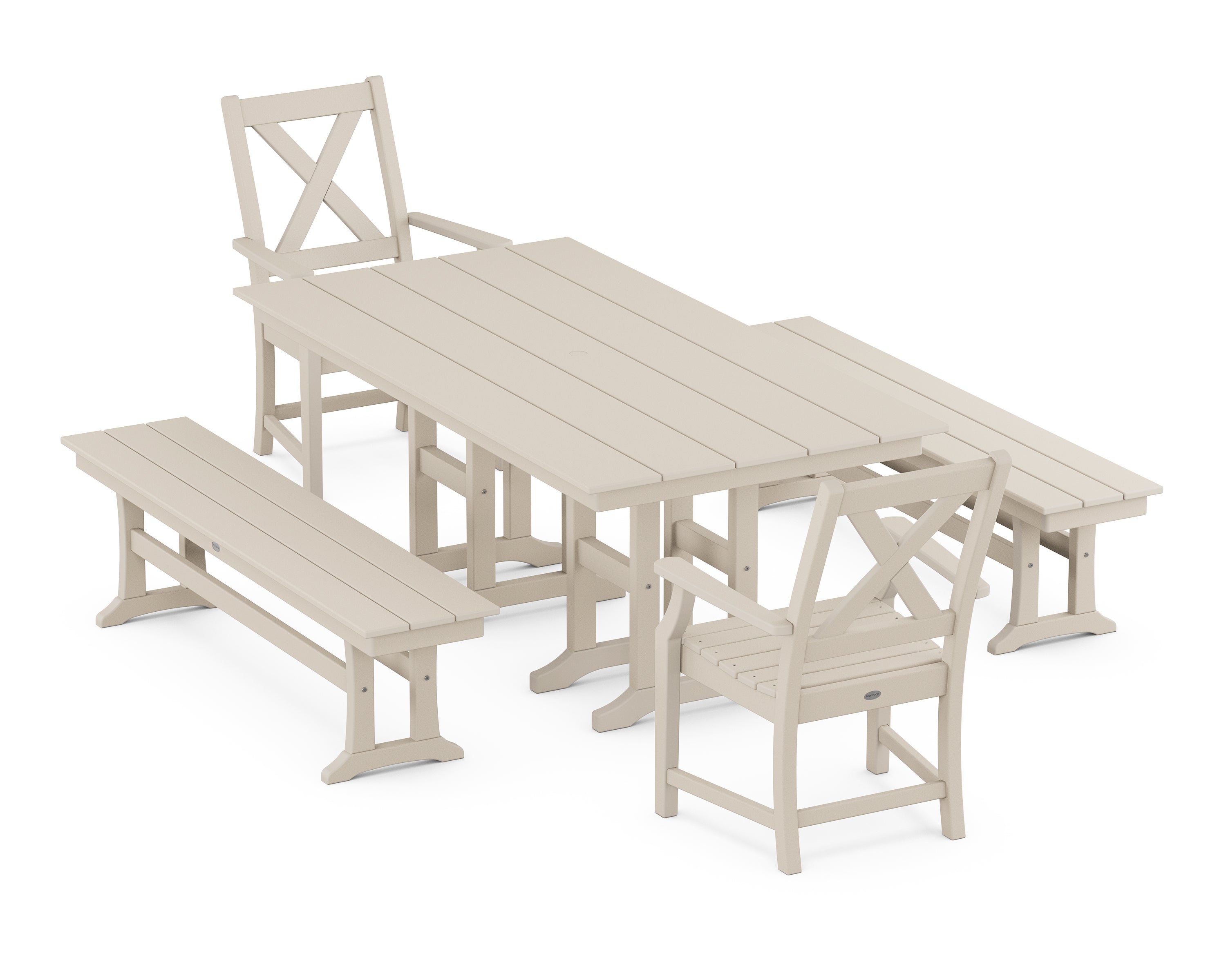 POLYWOOD® Braxton 5-Piece Farmhouse Dining Set with Benches in Sand