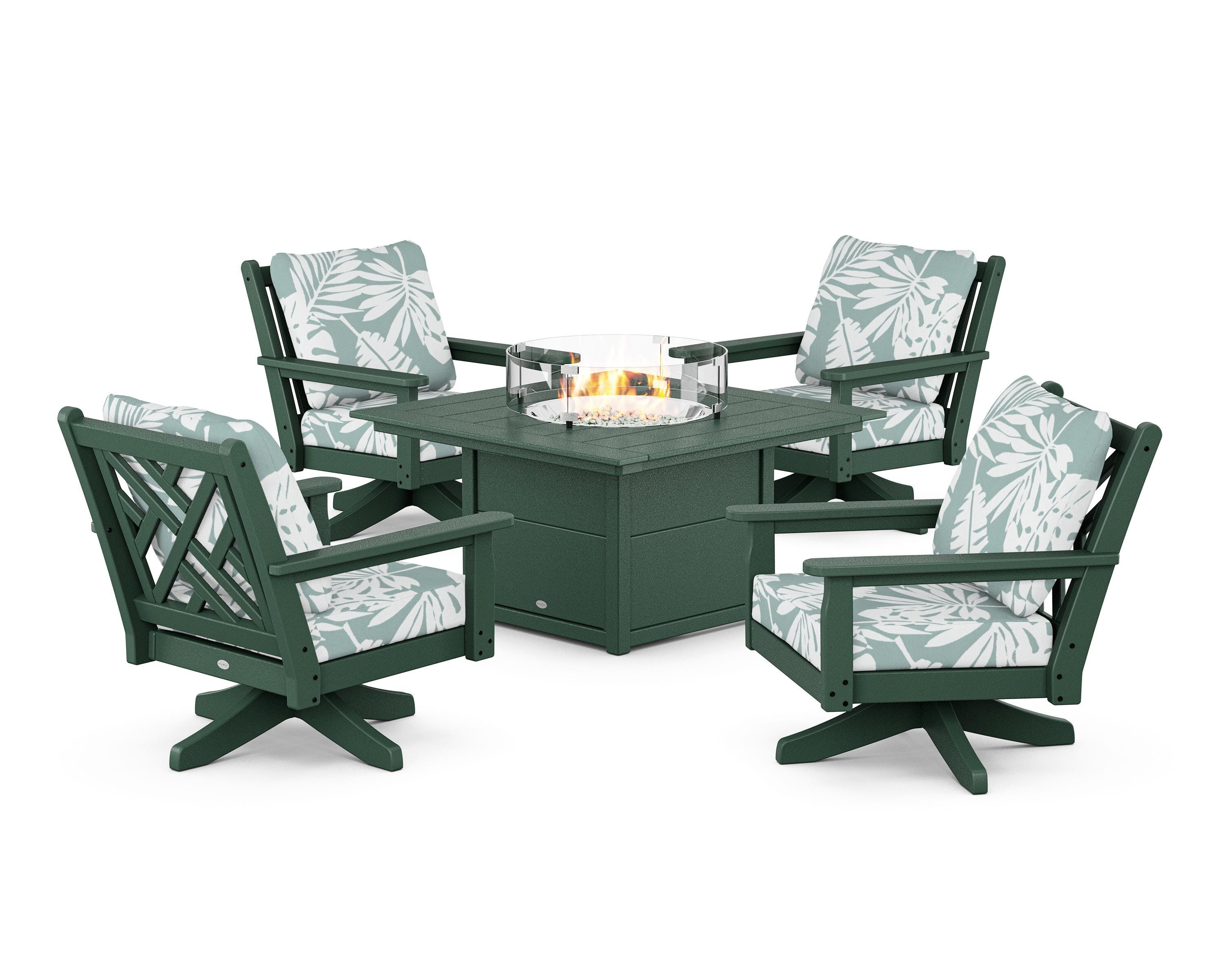 POLYWOOD Chippendale 5-Piece Deep Seating Swivel Conversation Set with Fire Pit Table in Green / Leaf Glacier Spa