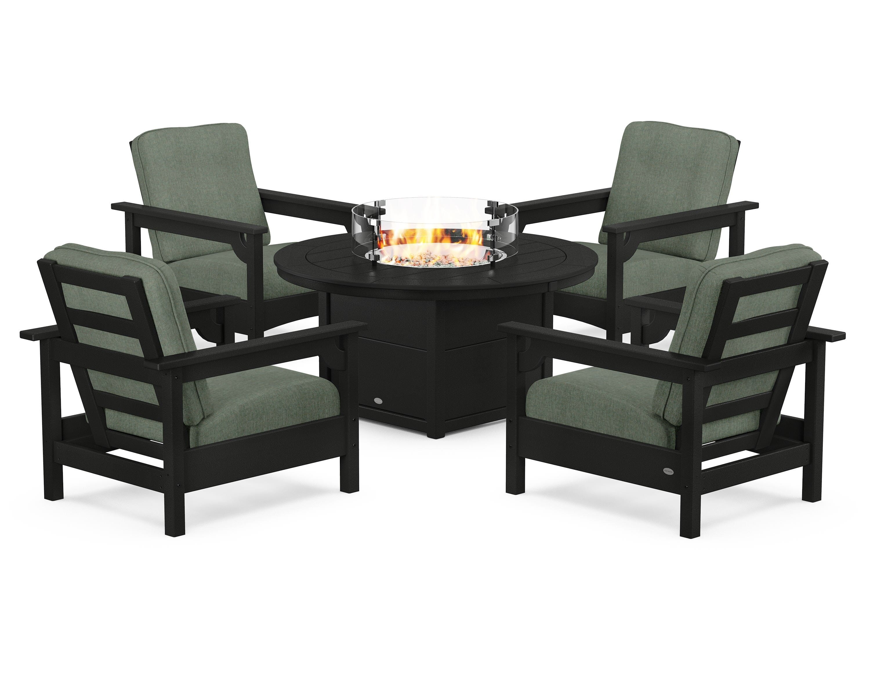 POLYWOOD Club 5-Piece Conversation Set with Fire Pit Table in Black / Cast Sage