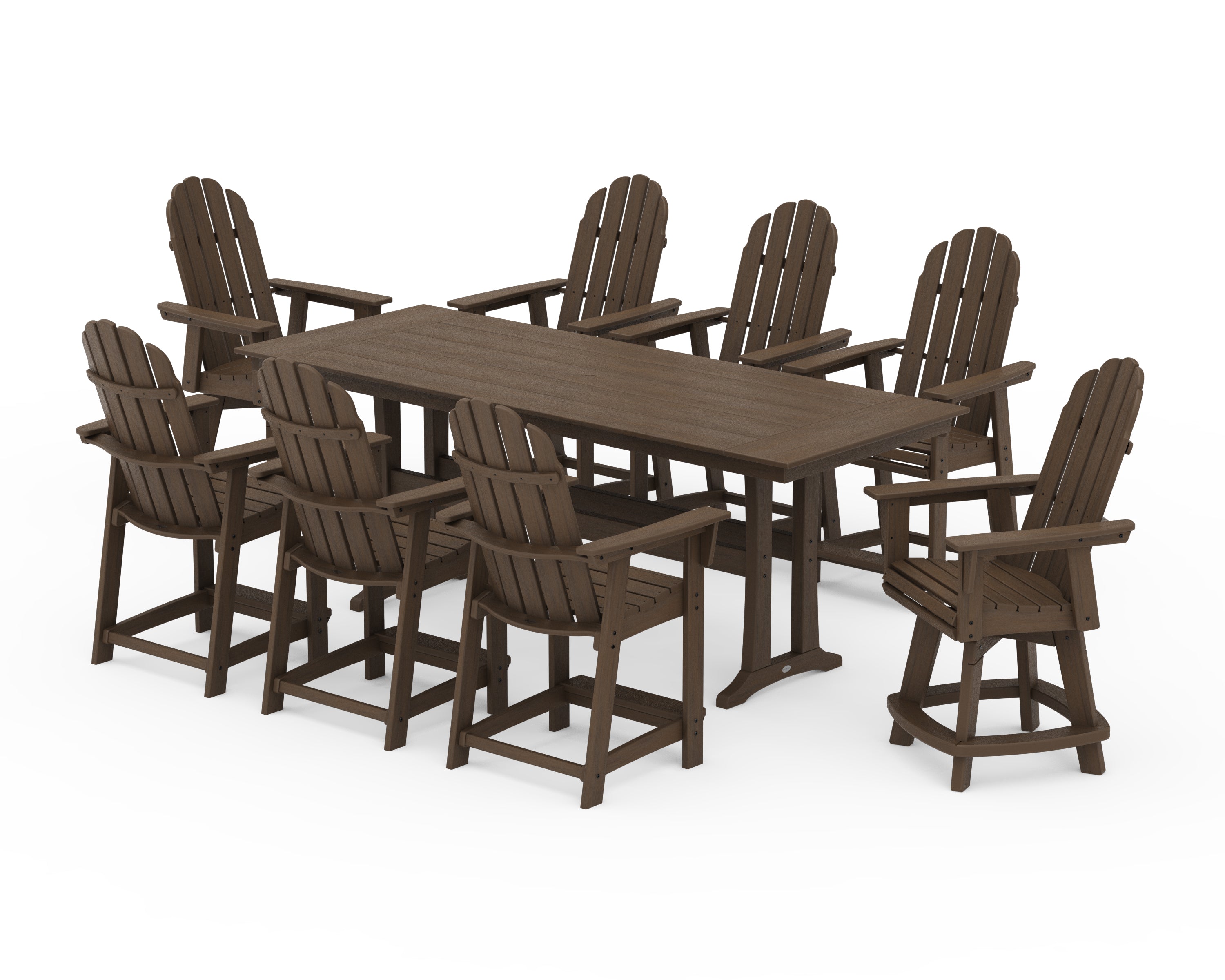 POLYWOOD Vineyard Curveback Adirondack Swivel 9-Piece Farmhouse Counter Set with Trestle Legs in Kona
