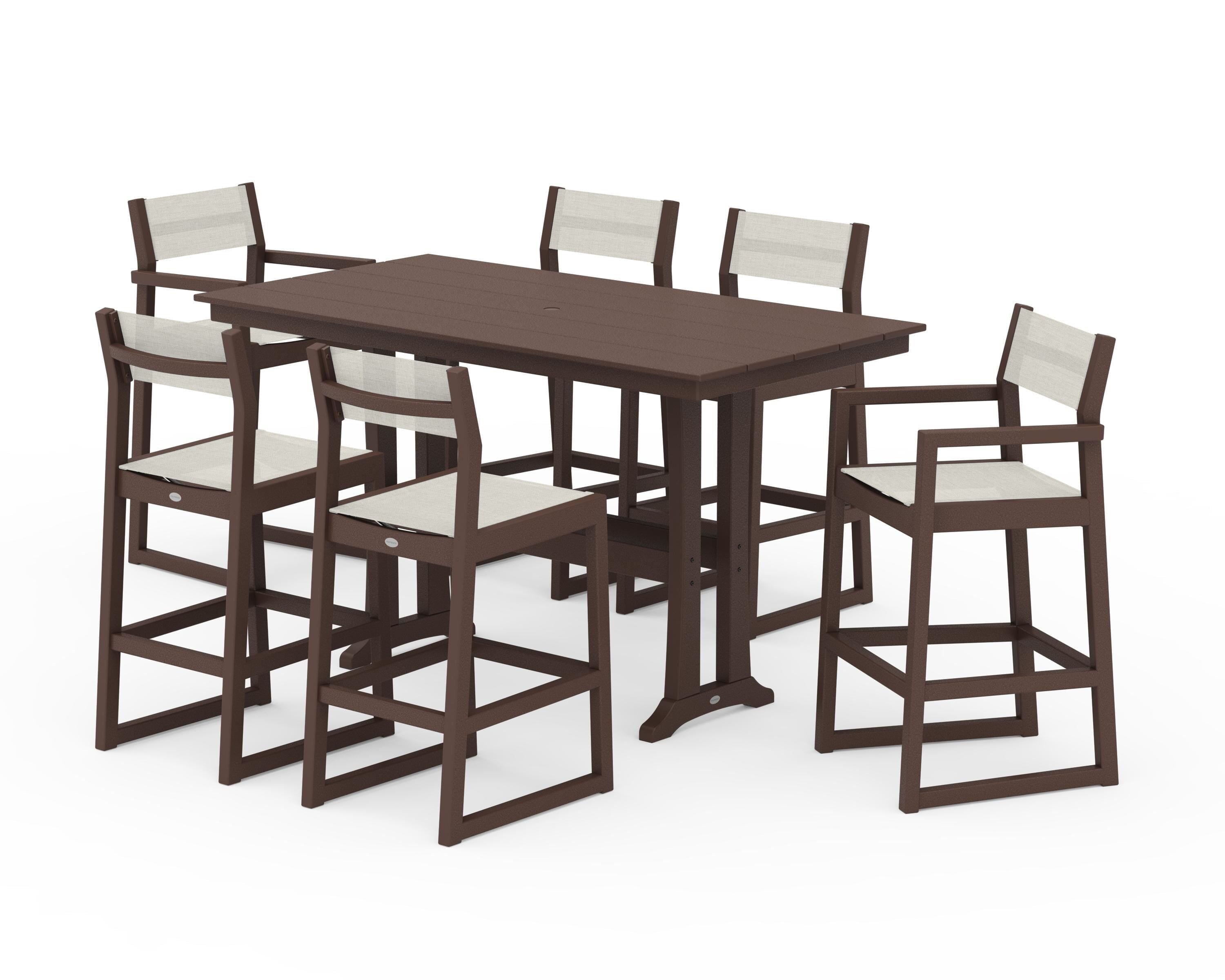 POLYWOOD EDGE Sling 7-Piece Farmhouse Bar Set with Trestle Legs in Mahogany / Parchment Sling