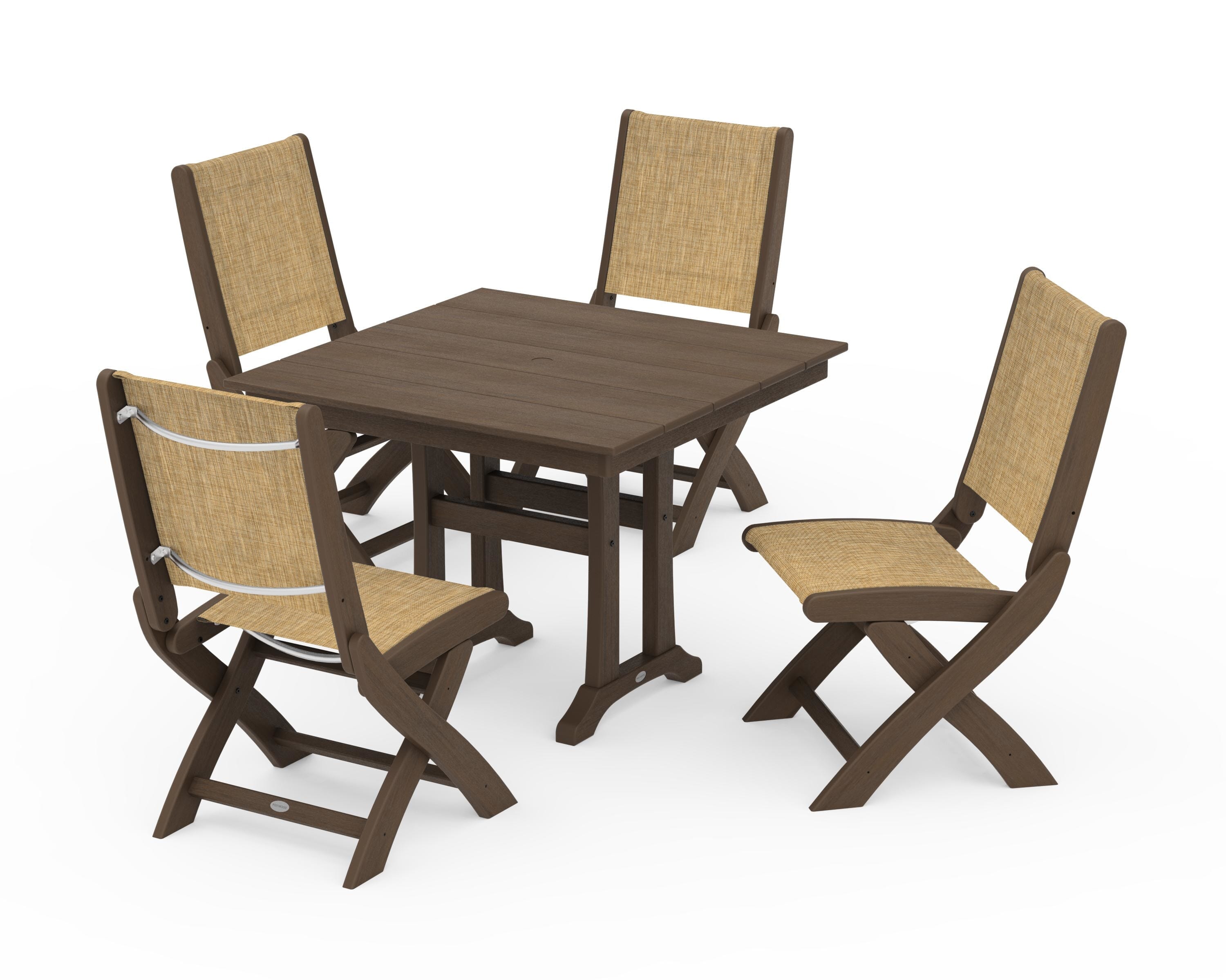POLYWOOD Coastal Folding Side Chair 5-Piece Farmhouse Dining Set With Trestle Legs in Kona / Burlap Sling