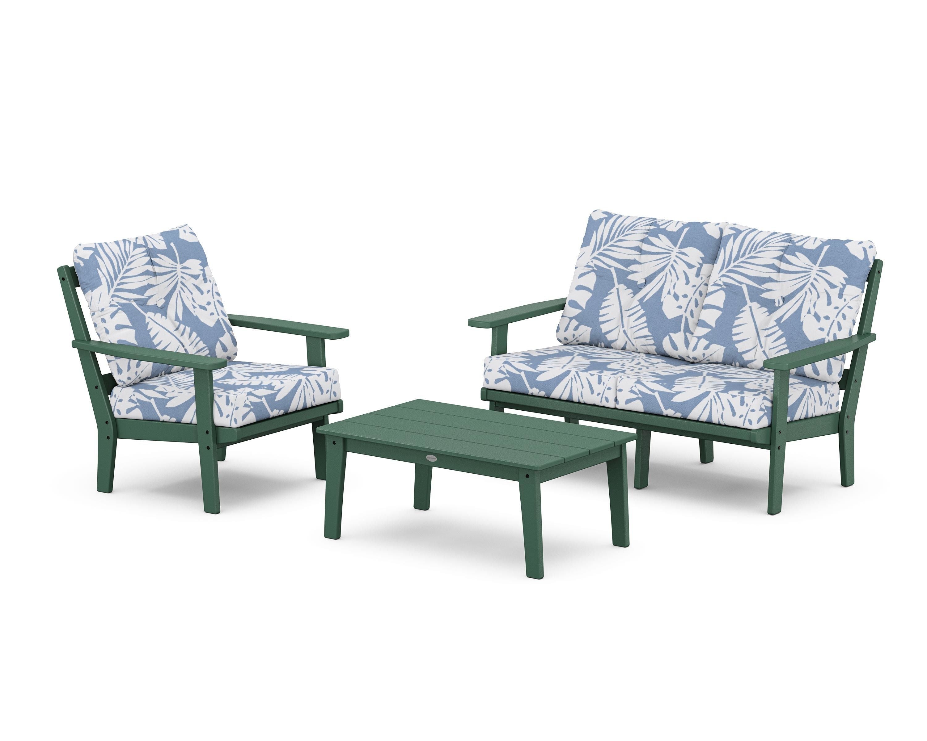 POLYWOOD Prairie 3-Piece Deep Seating Set with Loveseat in Green / Leaf Sky Blue
