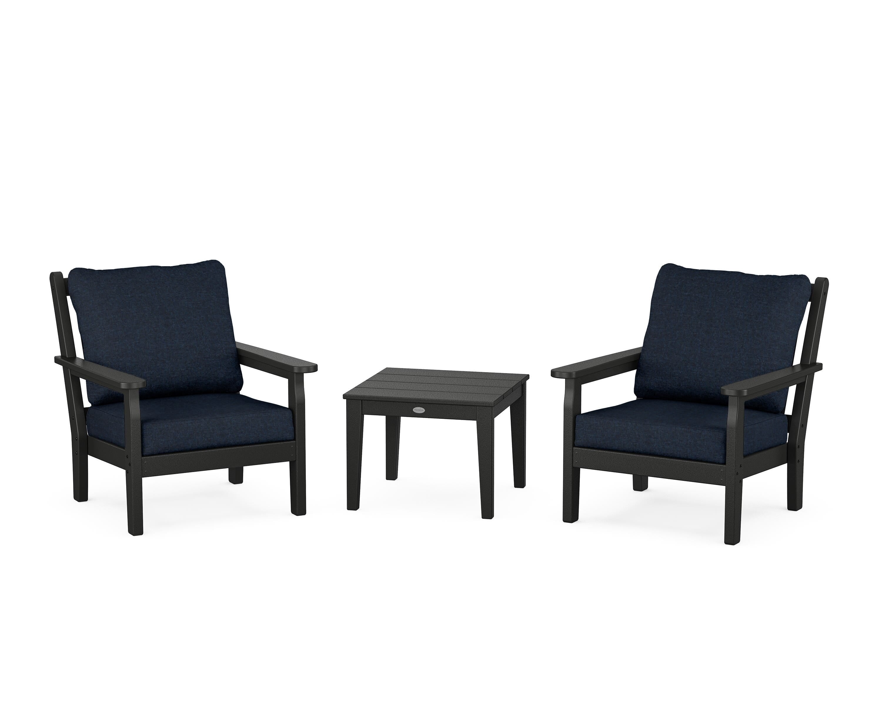 POLYWOOD Chippendale 3-Piece Deep Seating Set in Black / Marine Indigo