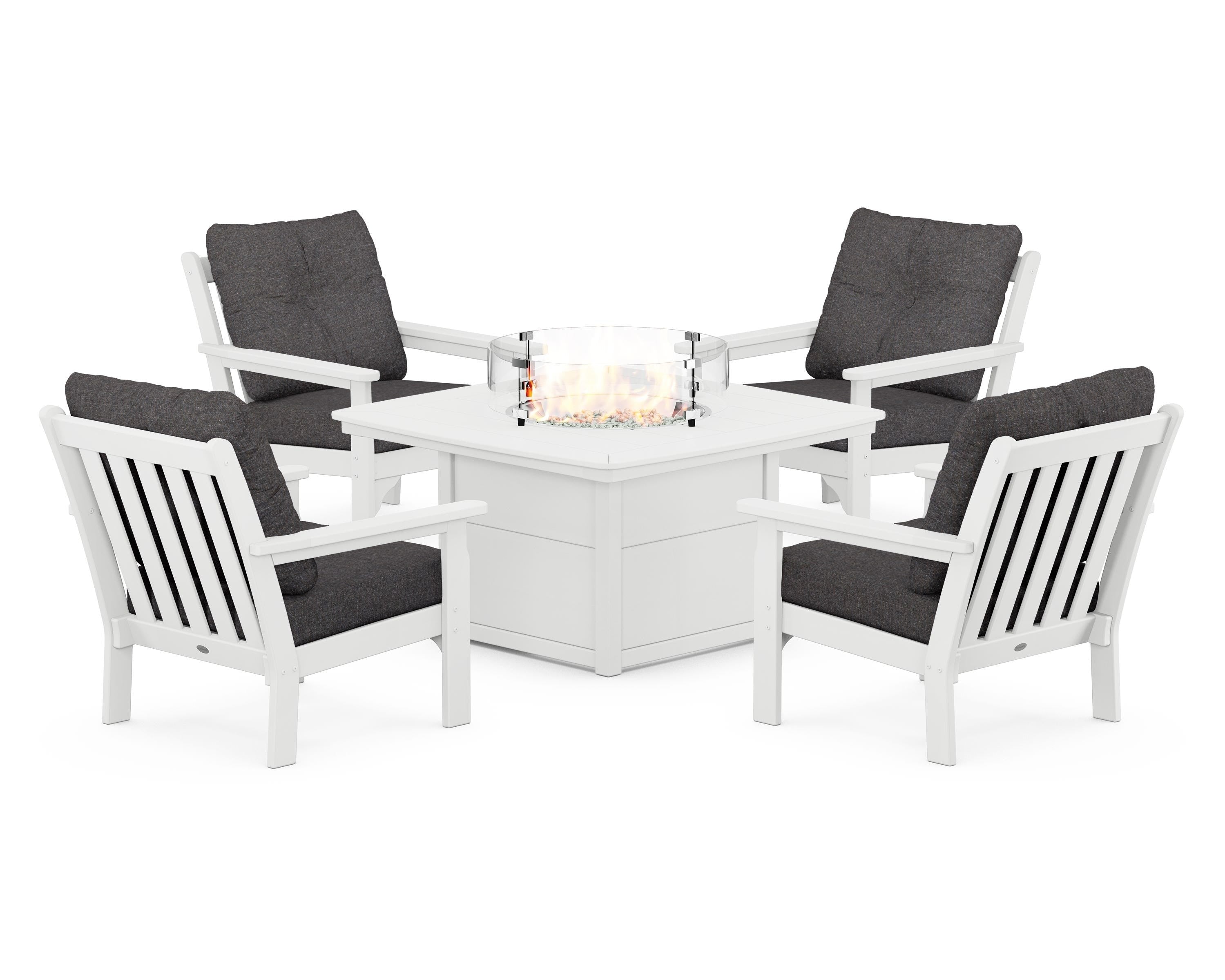 POLYWOOD Vineyard 5-Piece Conversation Set with Fire Pit Table in White / Ash Charcoal