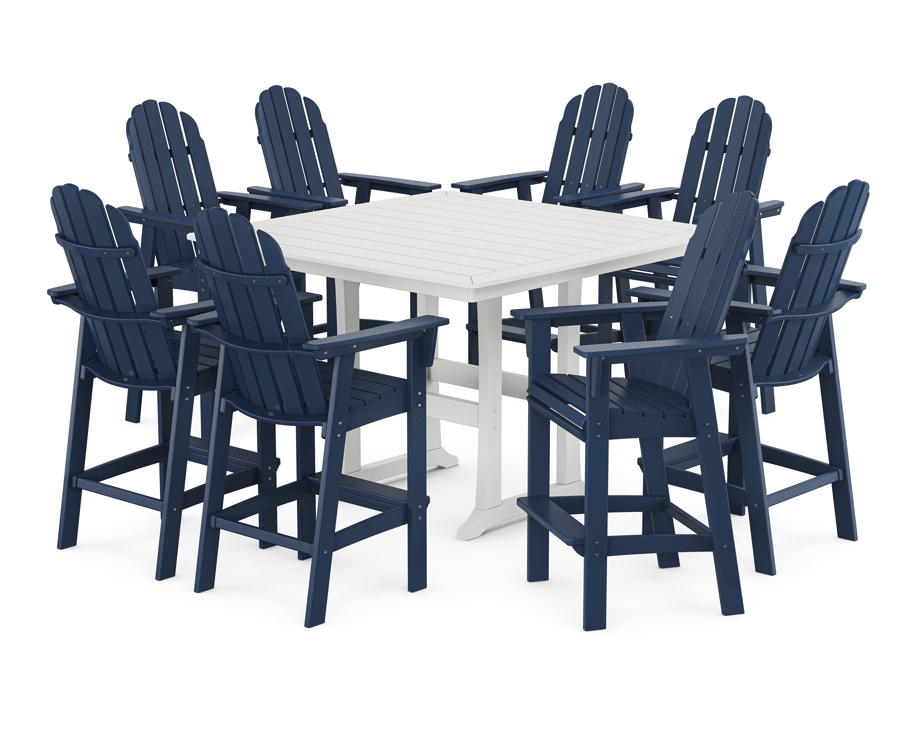 POLYWOOD® Vineyard Curveback Adirondack 9-Piece Trestle Bar Set in Navy / White