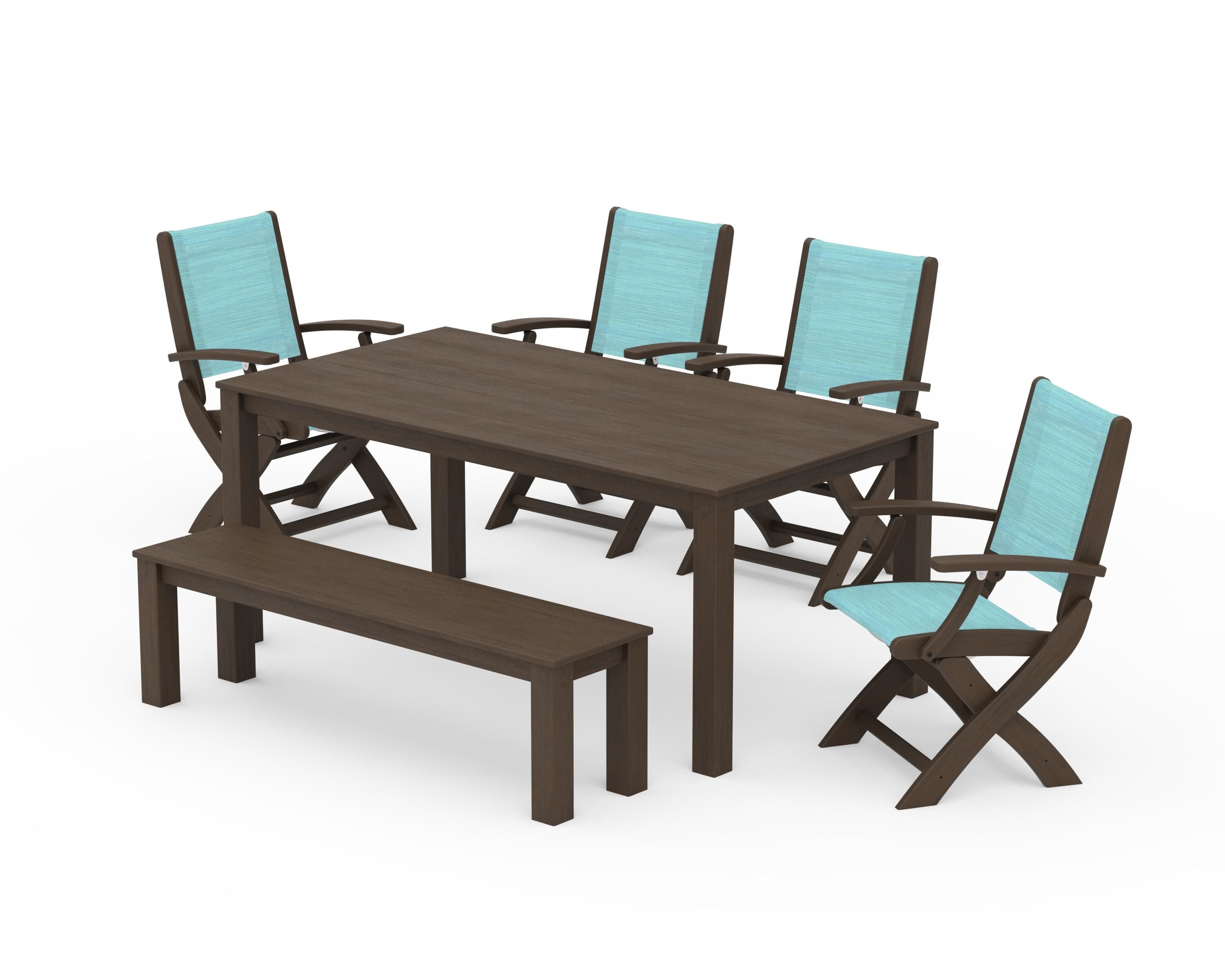 POLYWOOD Coastal Folding Chair 6-Piece Parsons Dining Set with Bench in Kona / Dupioni Aquamarine Sling