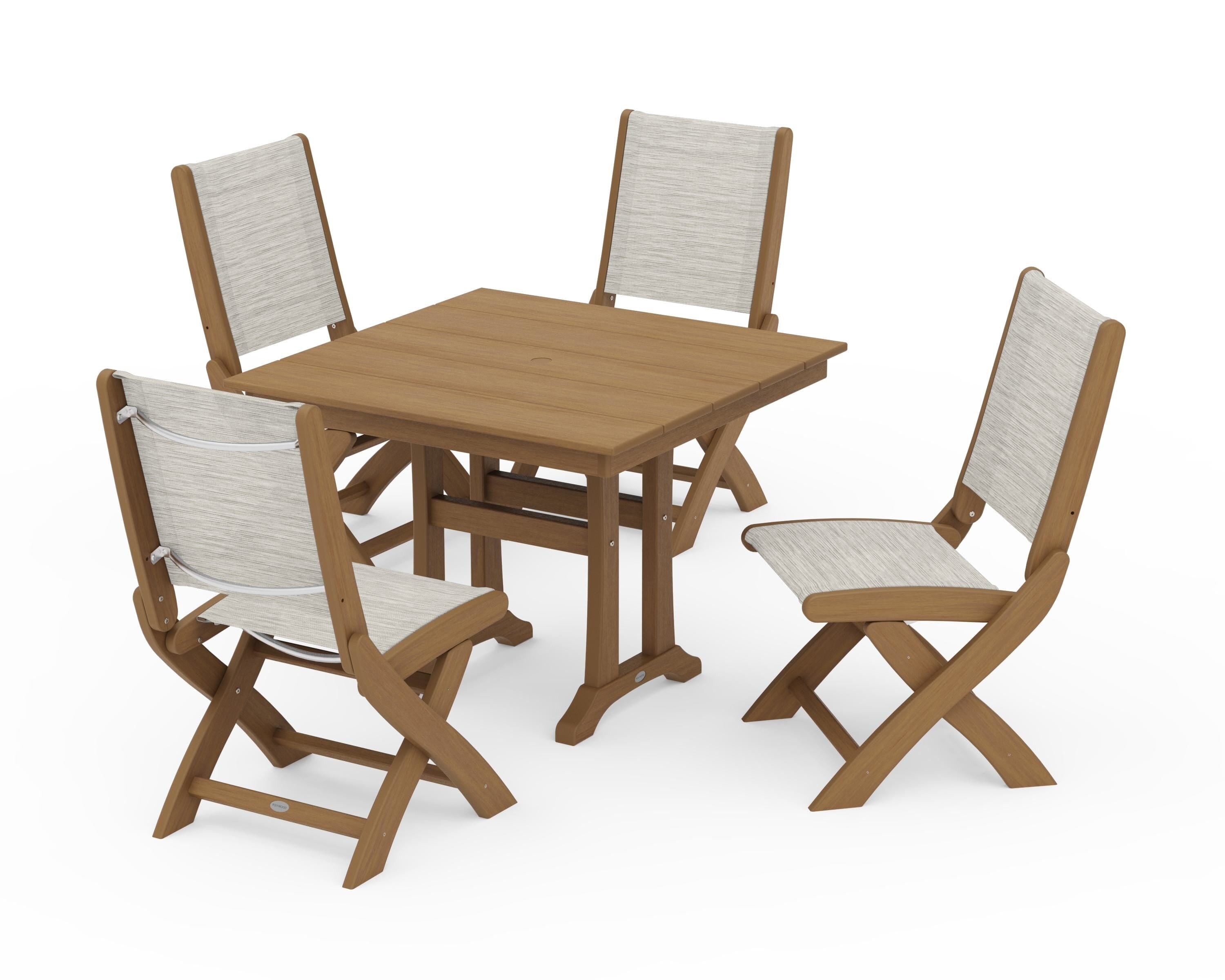 POLYWOOD Coastal Folding Side Chair 5-Piece Farmhouse Dining Set With Trestle Legs in Natural / Birch Sling