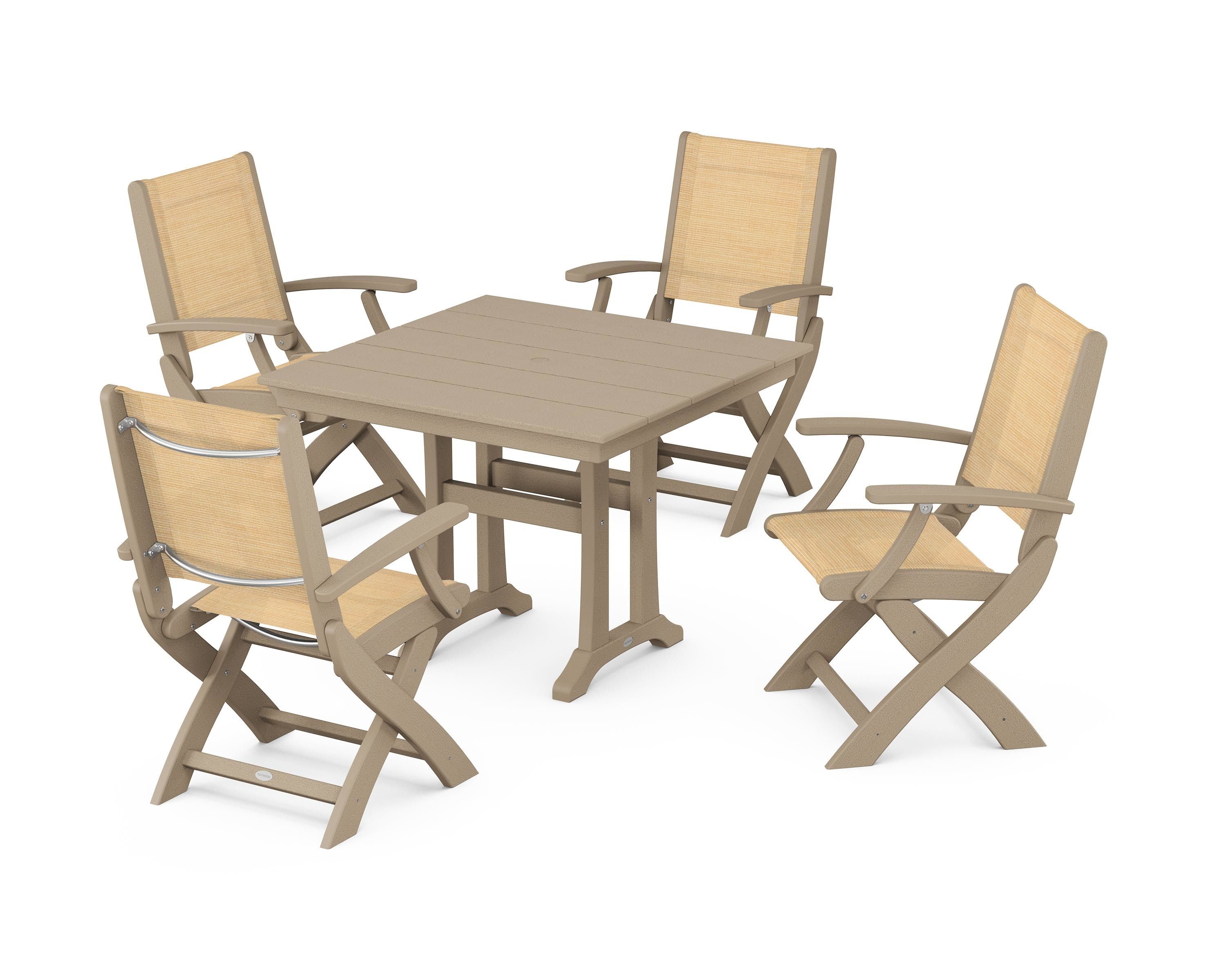 POLYWOOD Coastal Folding Chair 5-Piece Farmhouse Dining Set With Trestle Legs in Vintage Sahara / Dupioni Apricot Sling