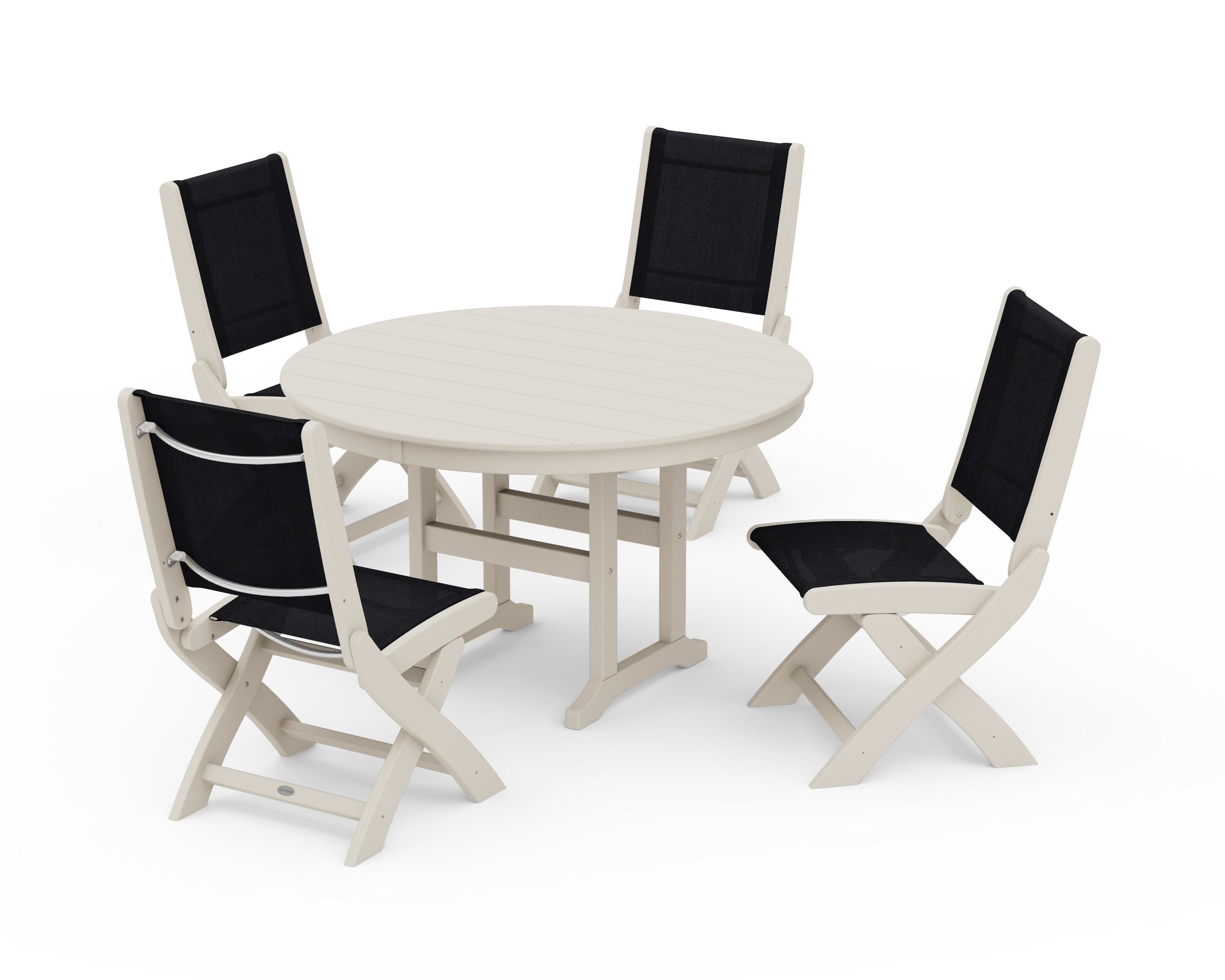 POLYWOOD Coastal Folding Side Chair 5-Piece Round Dining Set in Sand / Black Sling