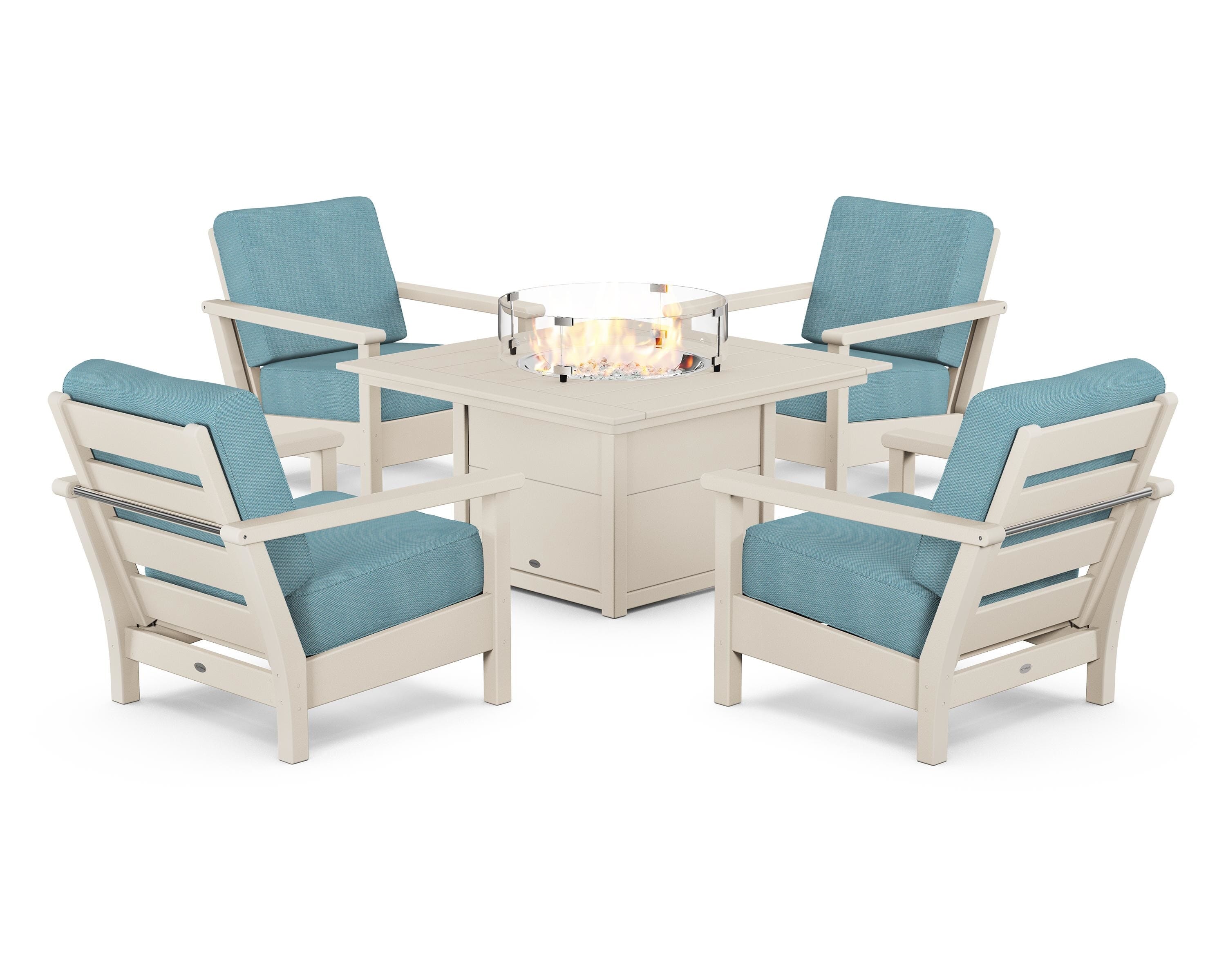 POLYWOOD Harbour 5-Piece Conversation Set with Fire Pit Table in Sand / Lattice Sky Blue