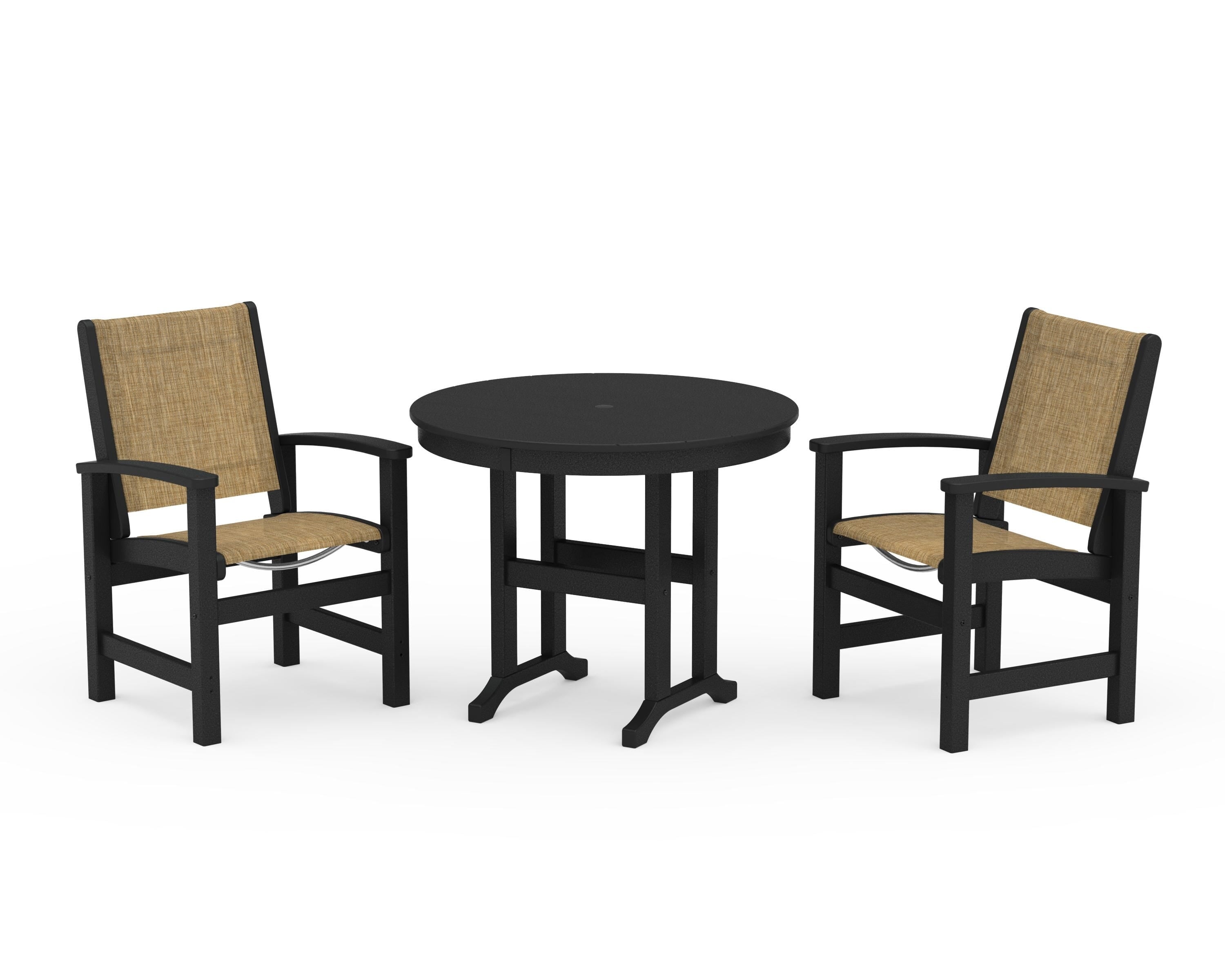 POLYWOOD Coastal 3-Piece Round Dining Set in Black / Burlap Sling