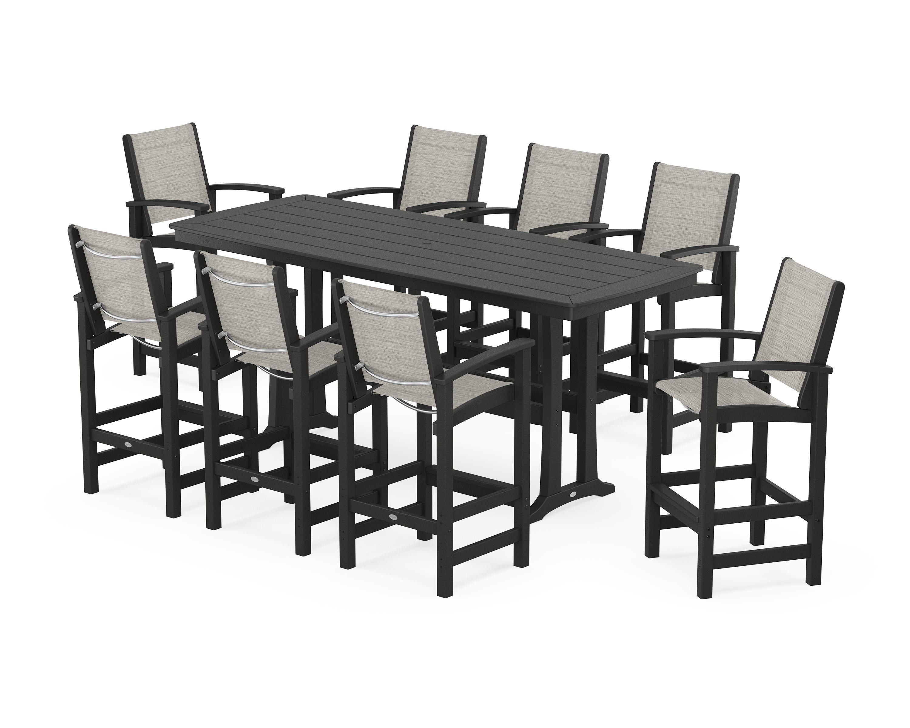 POLYWOOD Coastal 9-Piece Bar Set with Trestle Legs in Black / Birch Sling
