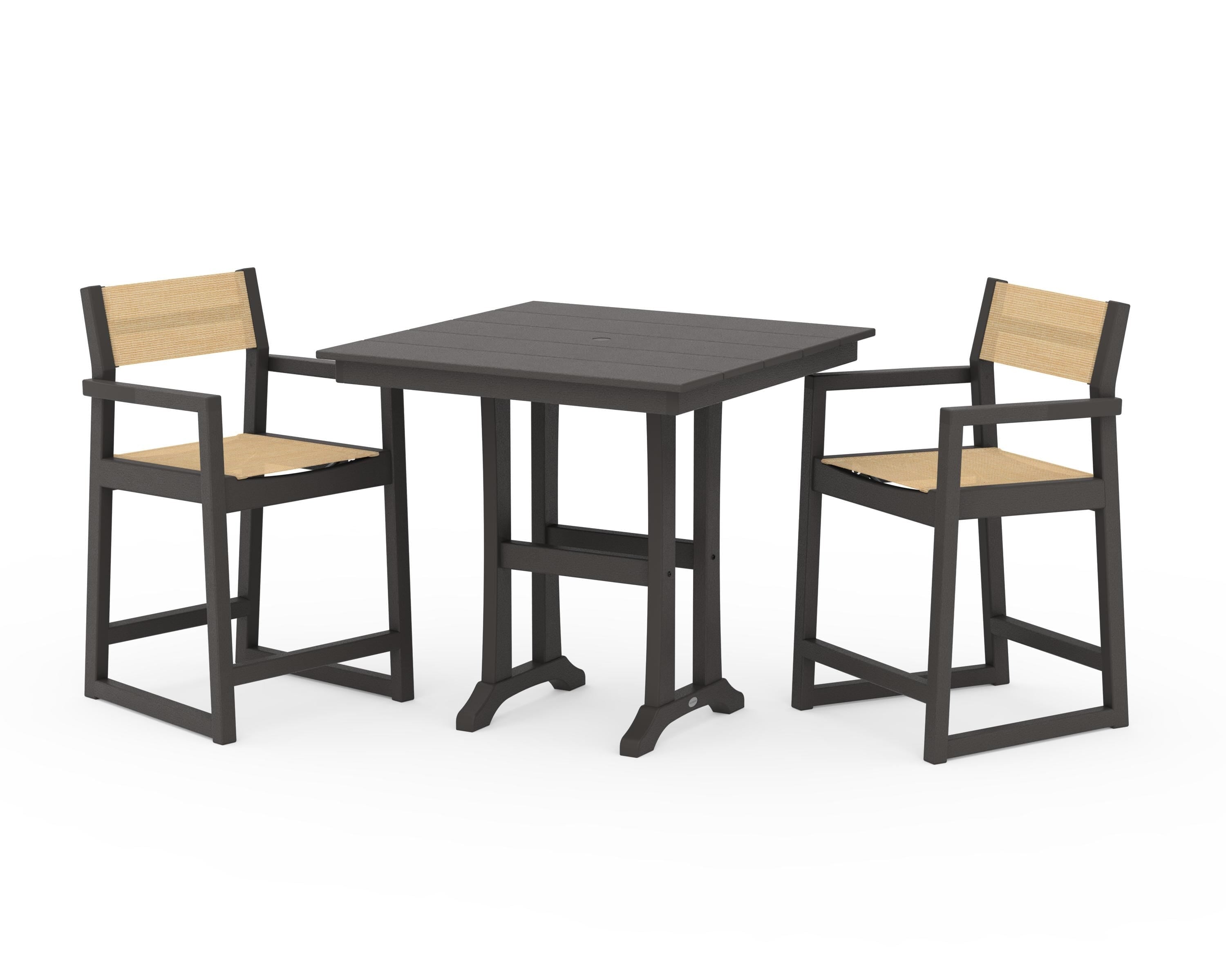POLYWOOD EDGE Sling Arm Chair 3-Piece Farmhouse Counter Set with Trestle Legs in Vintage Coffee / Dupioni Apricot Sling