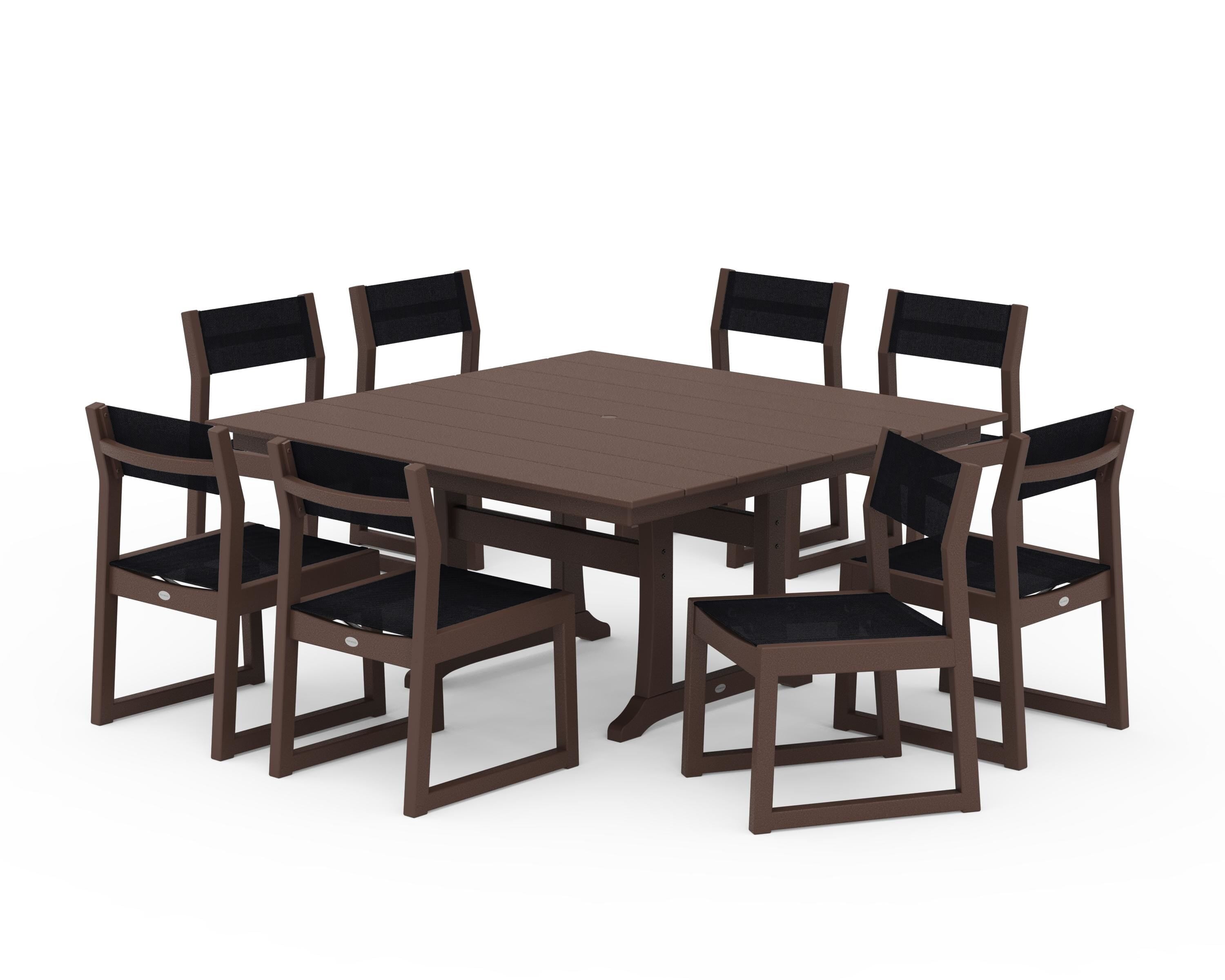 POLYWOOD EDGE Sling Side Chair 9-Piece Farmhouse Trestle Dining Set in Mahogany / Black Sling