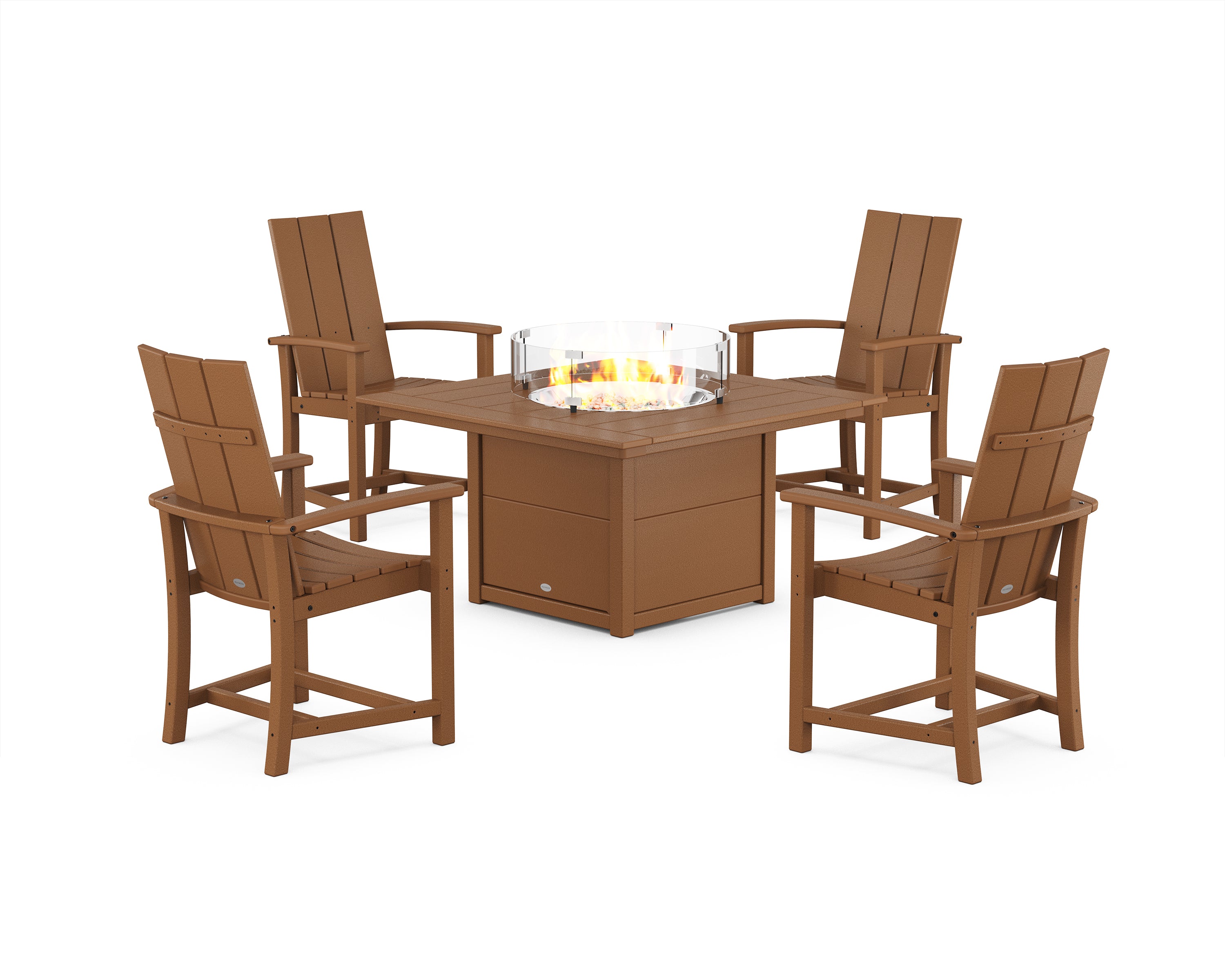 POLYWOOD Modern 4-Piece Upright Adirondack Conversation Set with Fire Pit Table in Teak