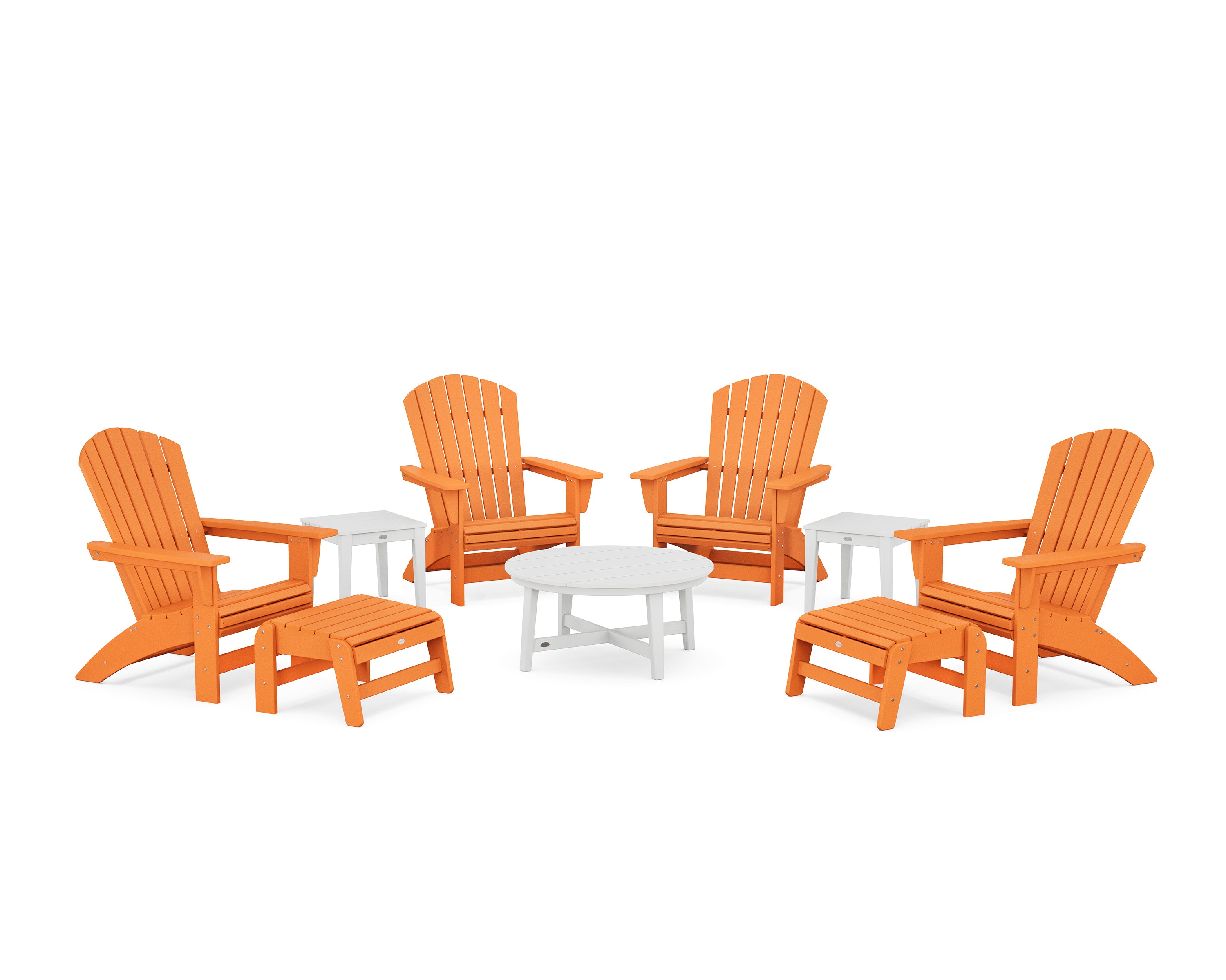 POLYWOOD Nautical Grand Adirondack 9-Piece Conversation Set in Tangerine / White