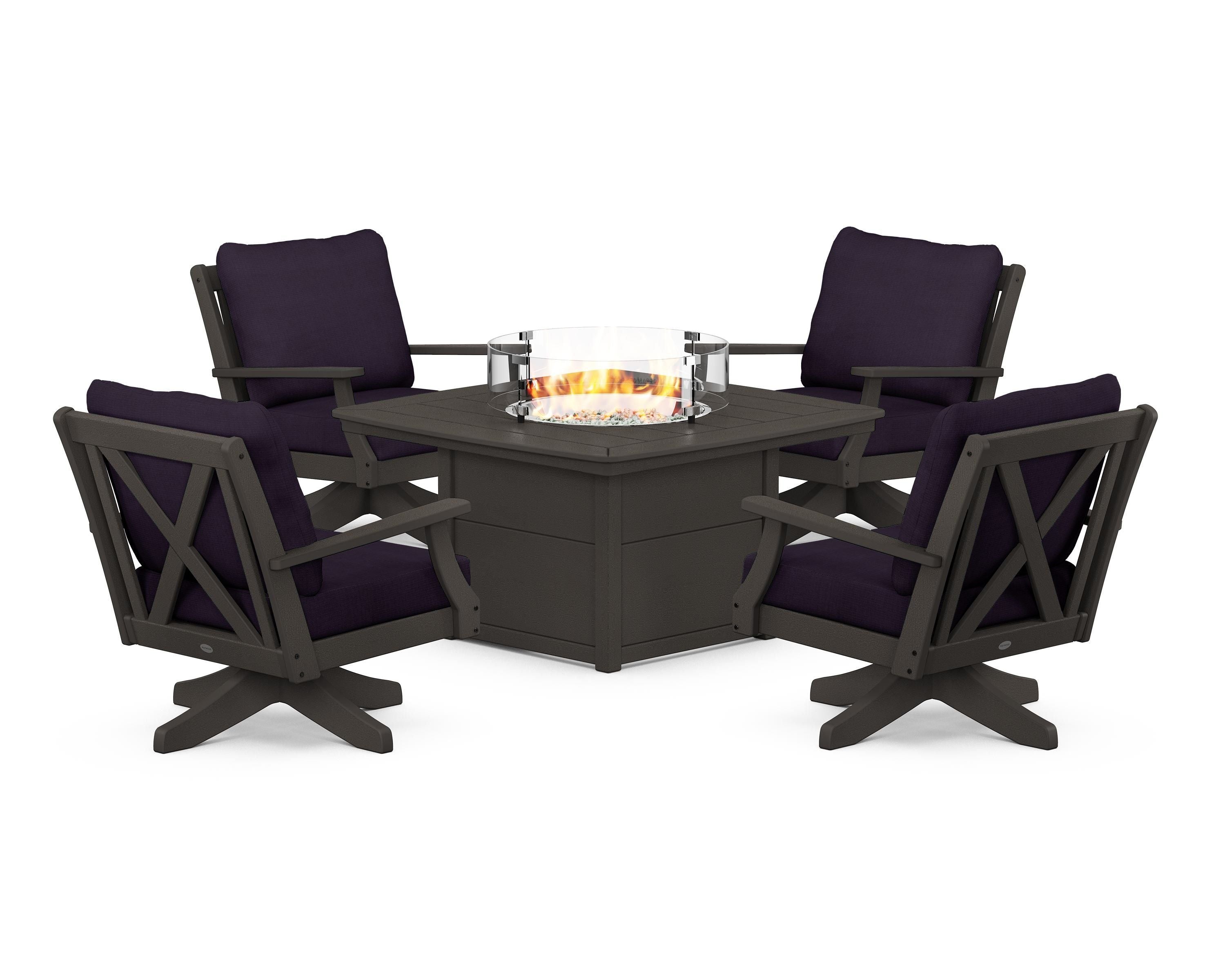 POLYWOOD Braxton 5-Piece Deep Seating Swivel Conversation Set with Fire Pit Table in Vintage Coffee / Navy Linen