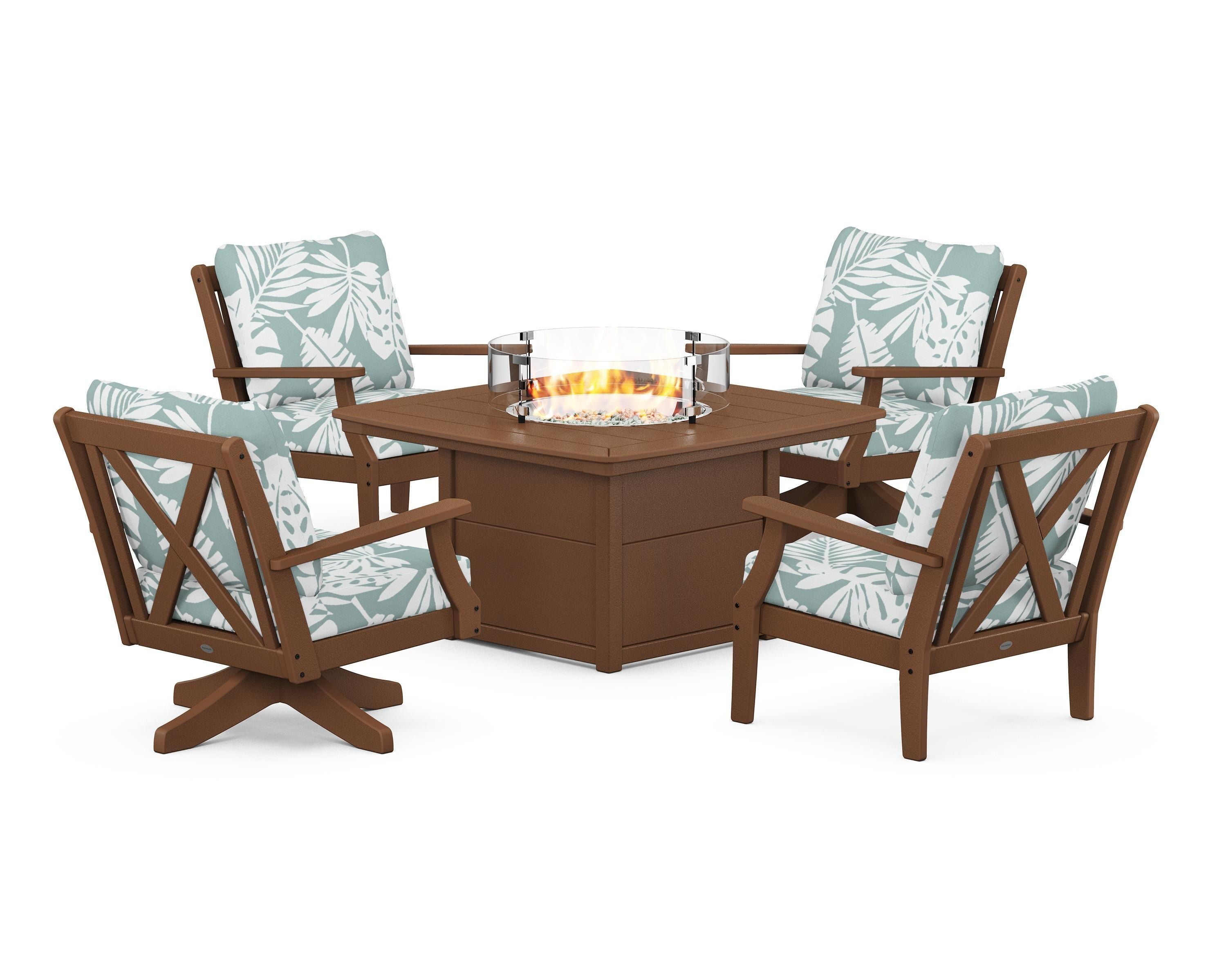 POLYWOOD Braxton 5-Piece Deep Seating Set with Fire Table in Teak / Leaf Glacier Spa