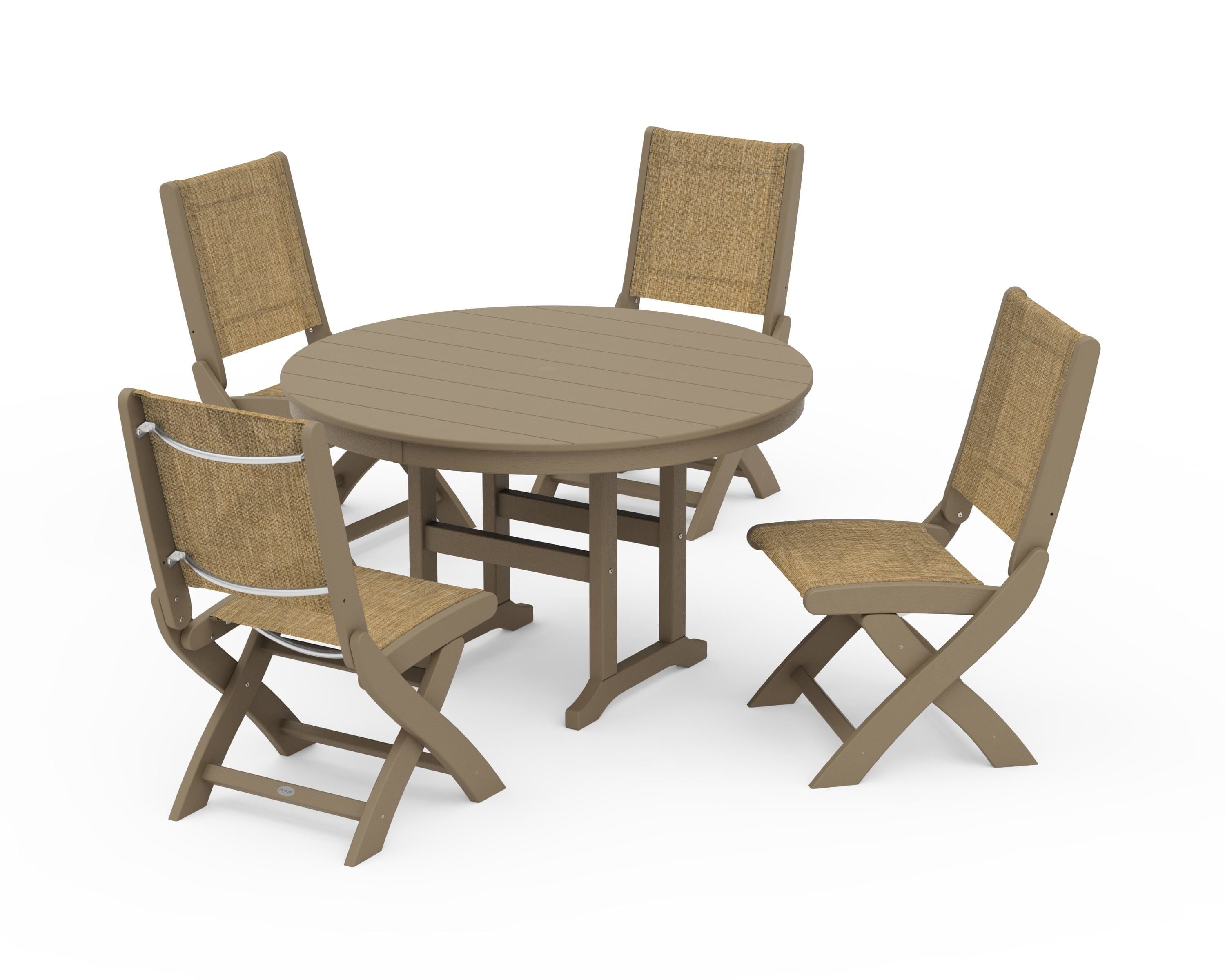 POLYWOOD Coastal Folding Side Chair 5-Piece Round Dining Set in Vintage Sahara / Burlap Sling