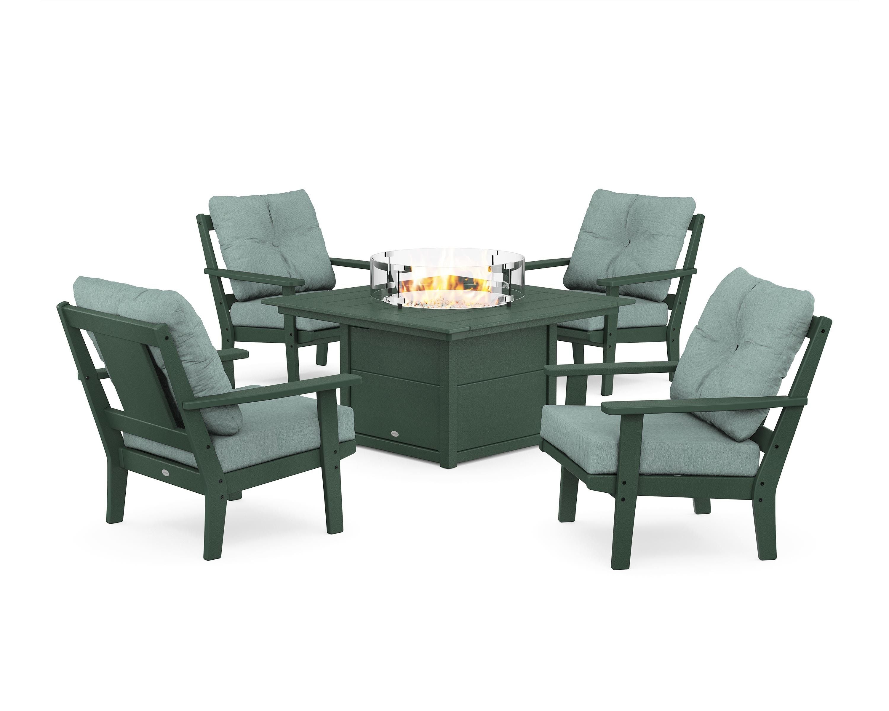 POLYWOOD Prairie 5-Piece Deep Seating Set with Fire Pit Table in Green / Glacier Spa