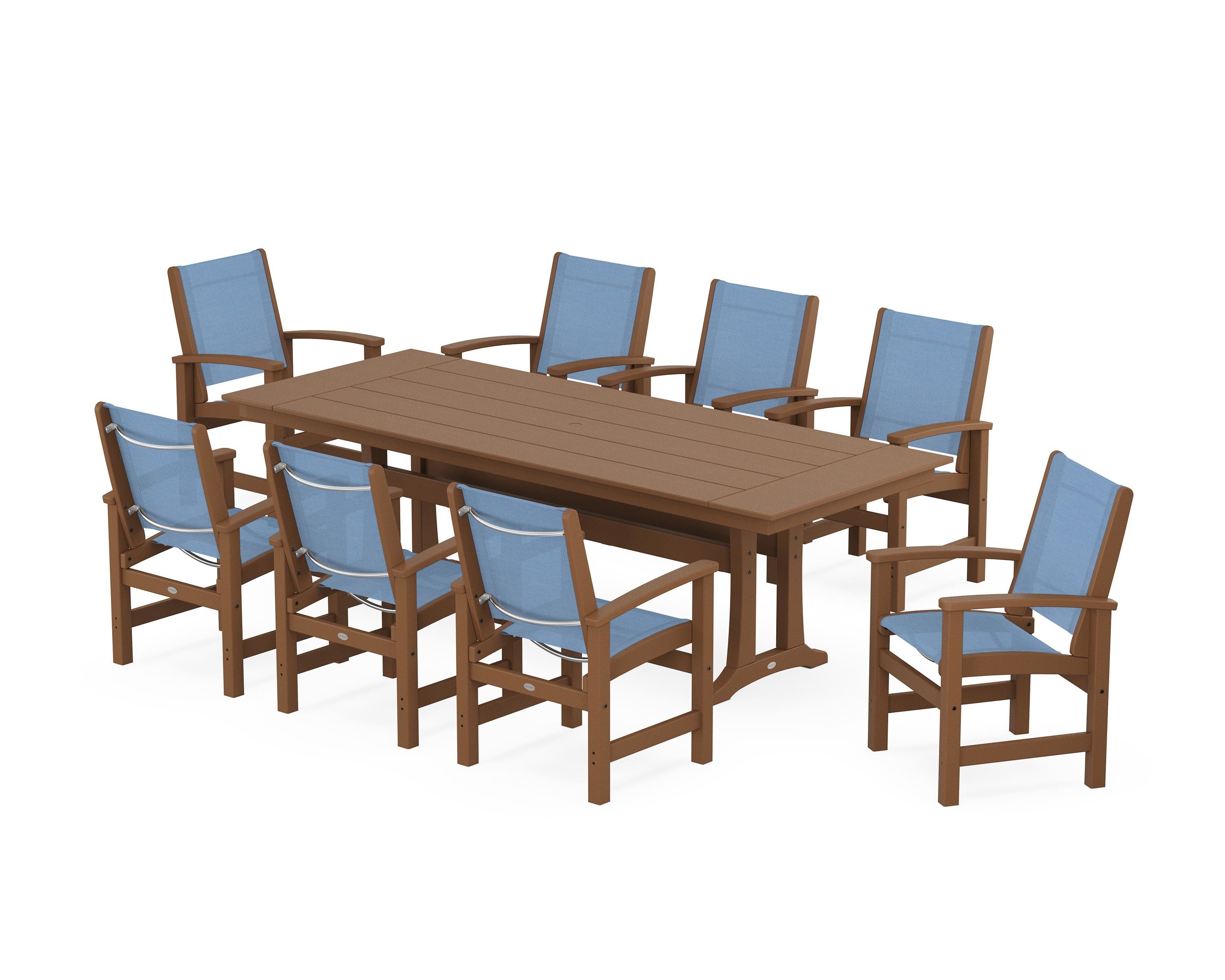 POLYWOOD Coastal 9-Piece Farmhouse Dining Set with Trestle Legs in Teak / Poolside Sling