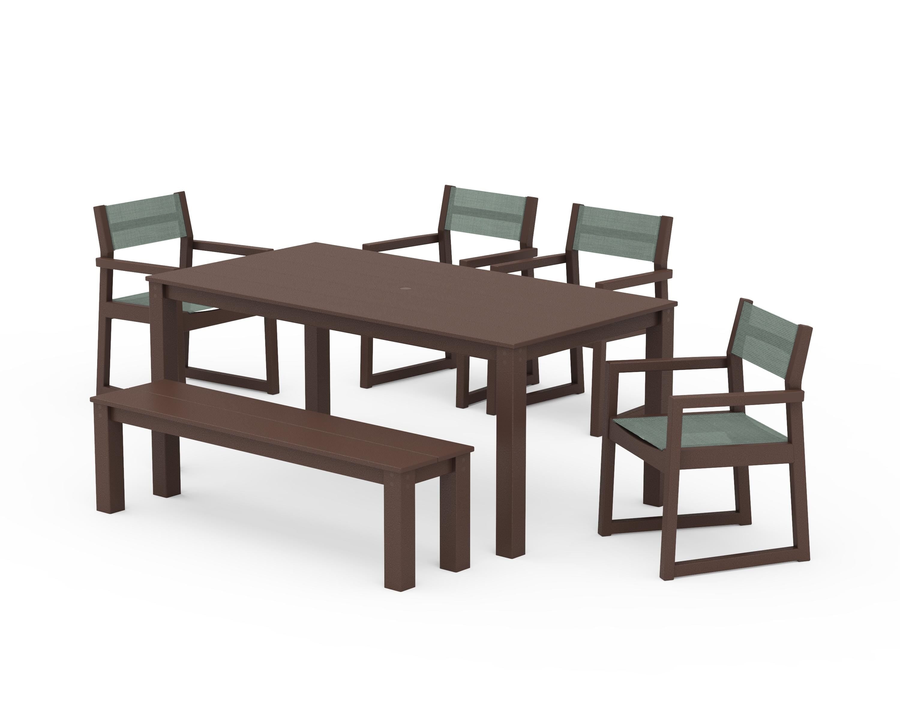 POLYWOOD EDGE Sling Arm Chair 6-Piece Parsons Dining Set with Bench in Mahogany / Dupioni Sea Mist Sling